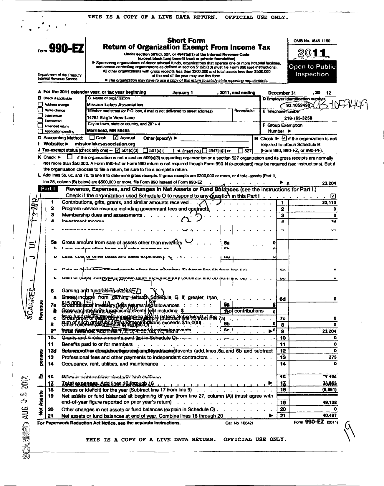 Image of first page of 2012 Form 990EZ for Mission Lakes Association