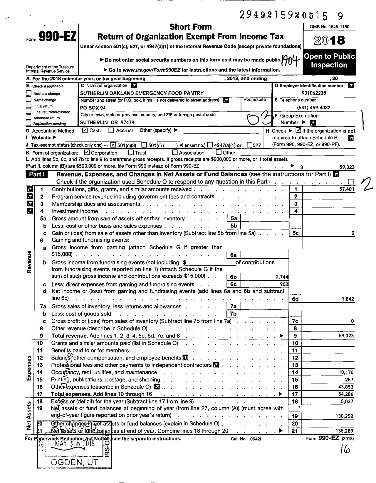 Image of first page of 2018 Form 990EZ for Sutherlin Oakland Emergency Food Pantry