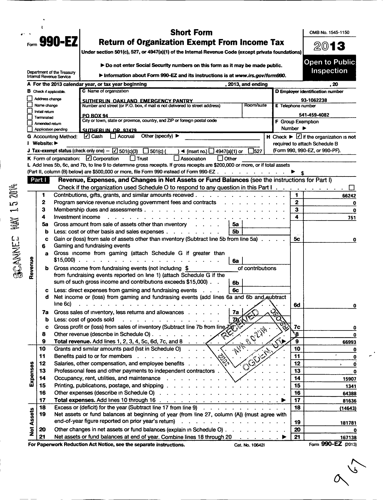 Image of first page of 2013 Form 990EZ for Sutherlin Oakland Emergency Food Pantry