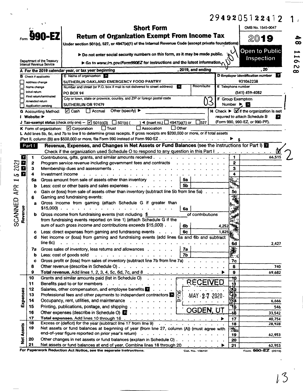 Image of first page of 2019 Form 990EZ for Sutherlin Oakland Emergency Food Pantry