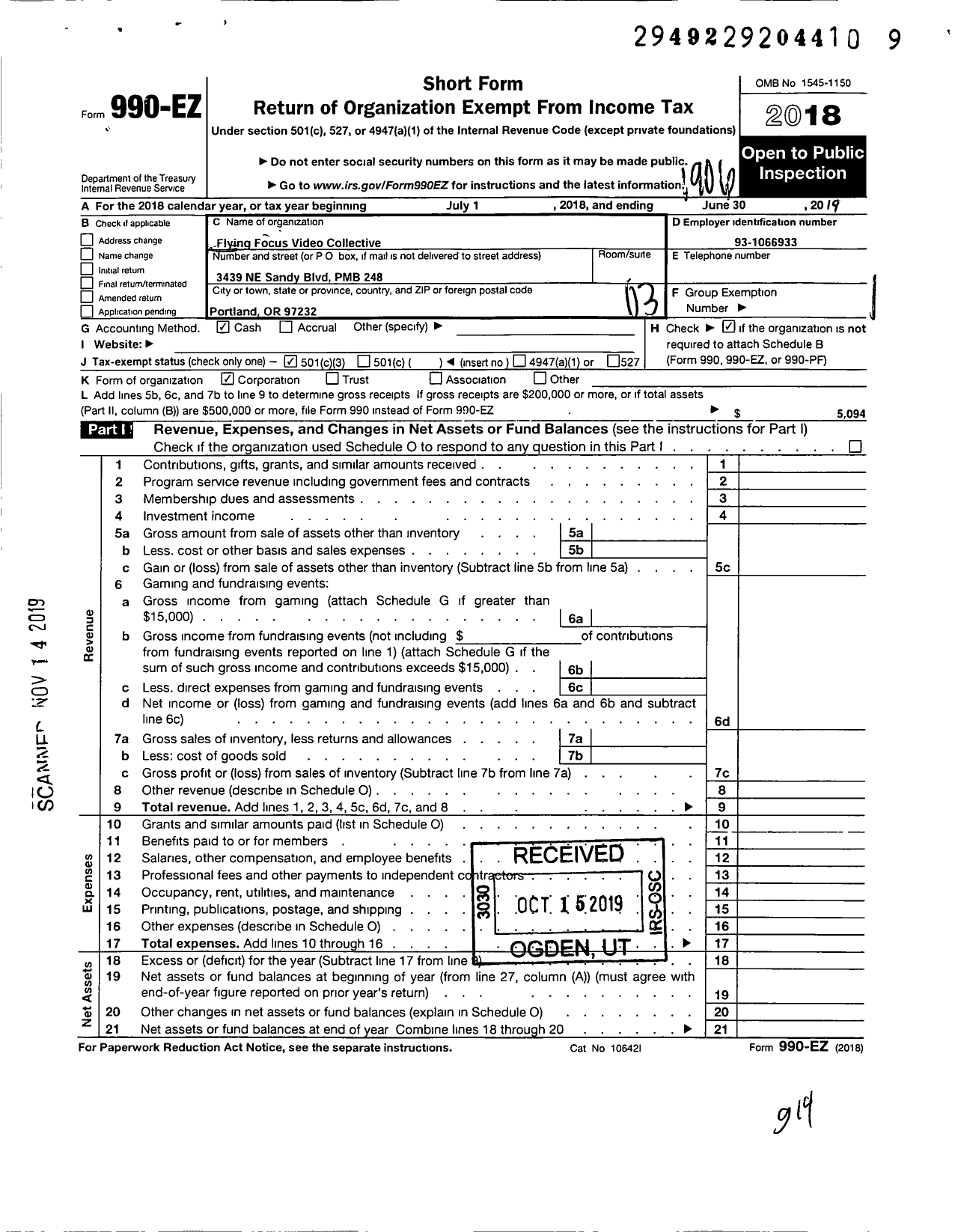 Image of first page of 2018 Form 990EZ for Flying Focus Video Collective