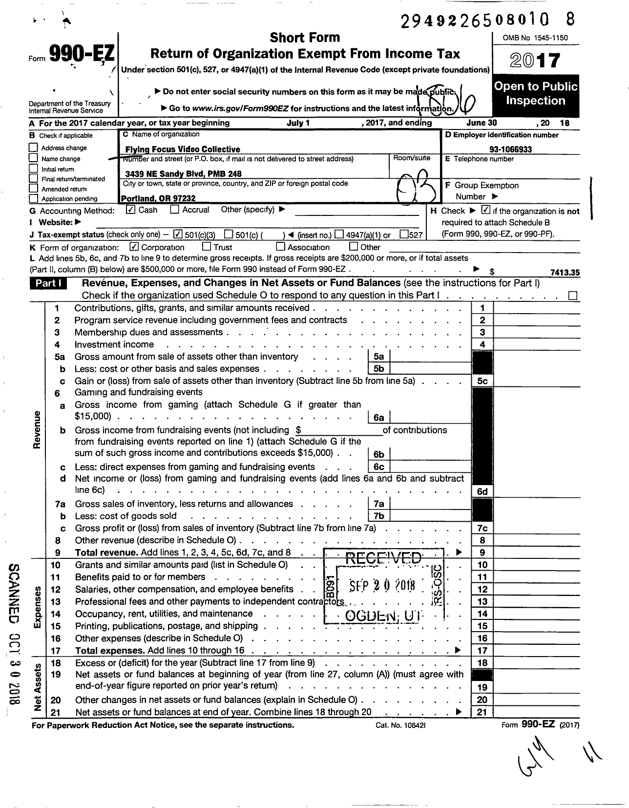 Image of first page of 2017 Form 990EZ for Flying Focus Video Collective