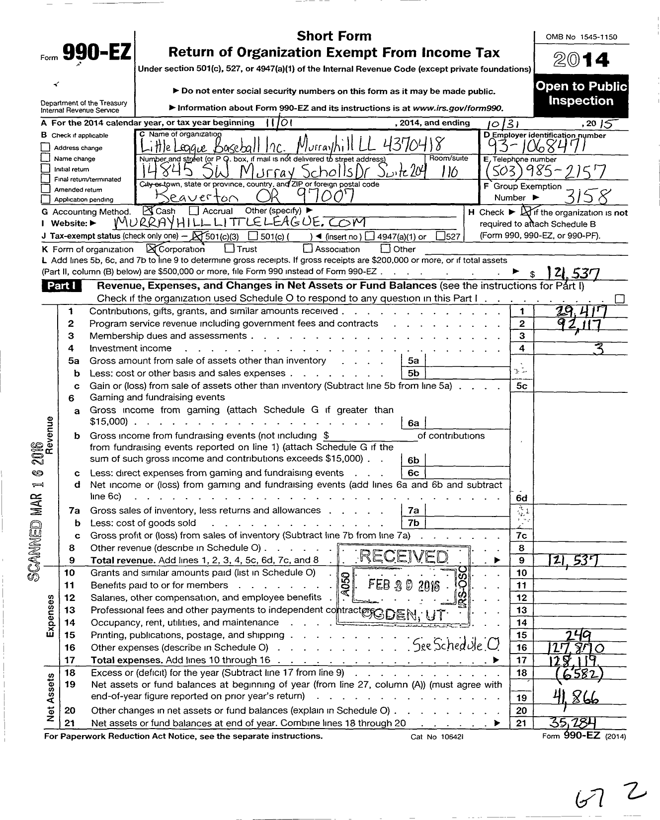 Image of first page of 2014 Form 990EZ for Little League Baseball Murrayhill 4370418