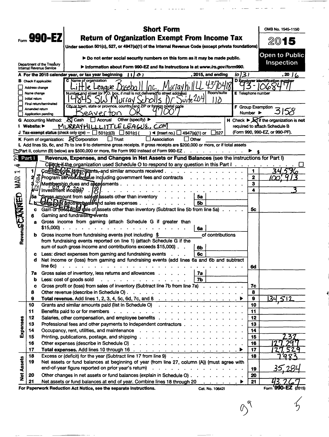 Image of first page of 2015 Form 990EO for Little League Baseball Murrayhill 4370418