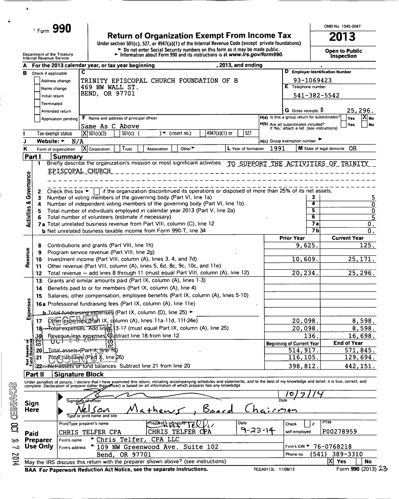 Image of first page of 2013 Form 990 for Trinity Episcopal Church Foundation of Bend