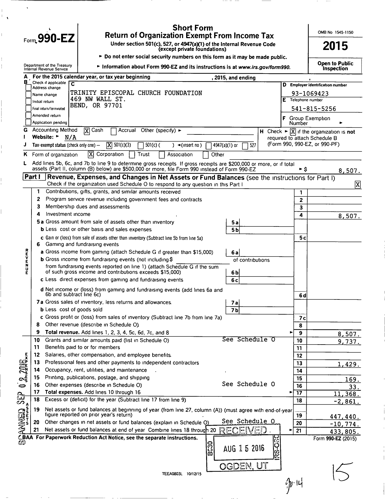 Image of first page of 2015 Form 990EZ for Trinity Episcopal Church Foundation of Bend