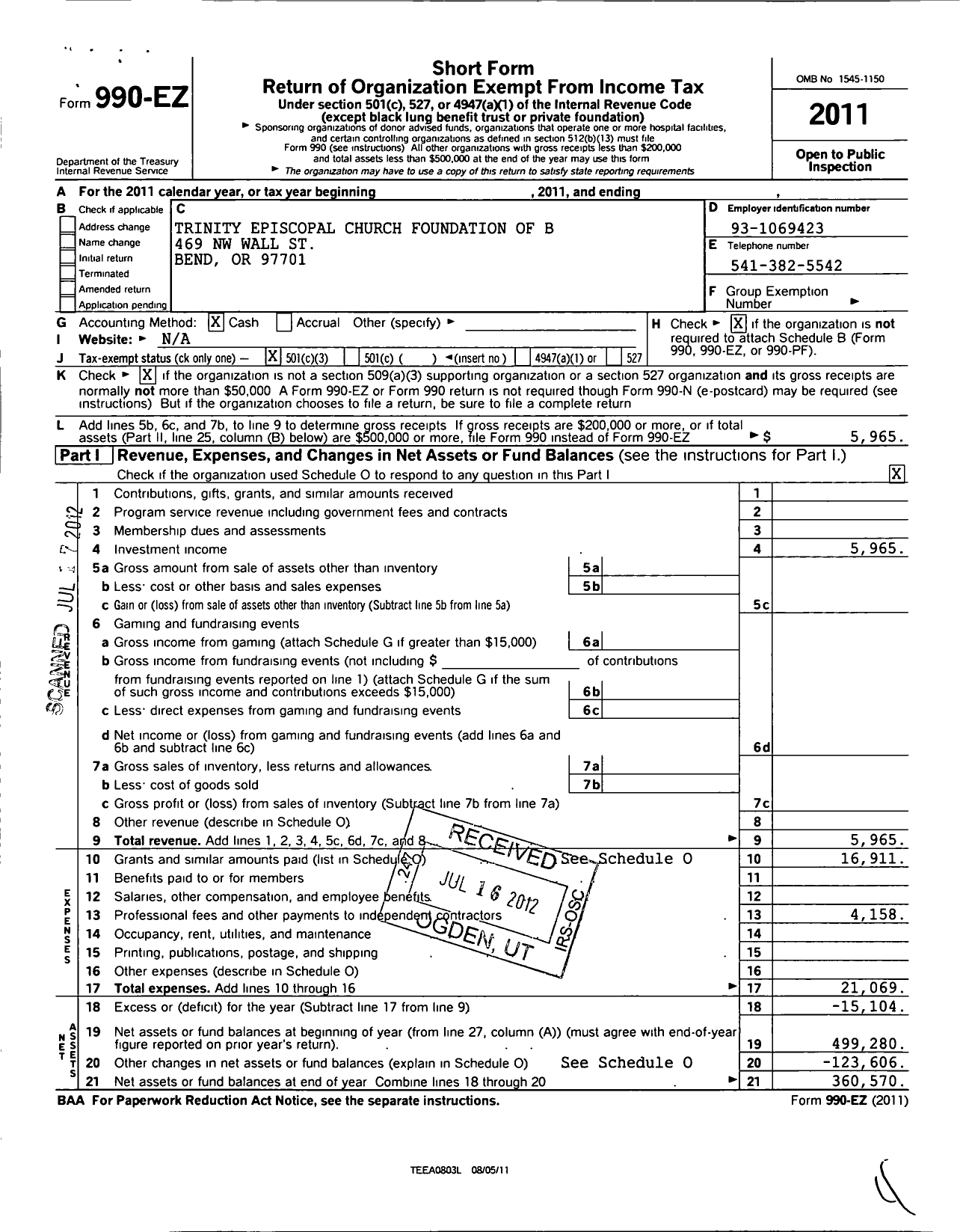 Image of first page of 2011 Form 990EZ for Trinity Episcopal Church Foundation of Bend