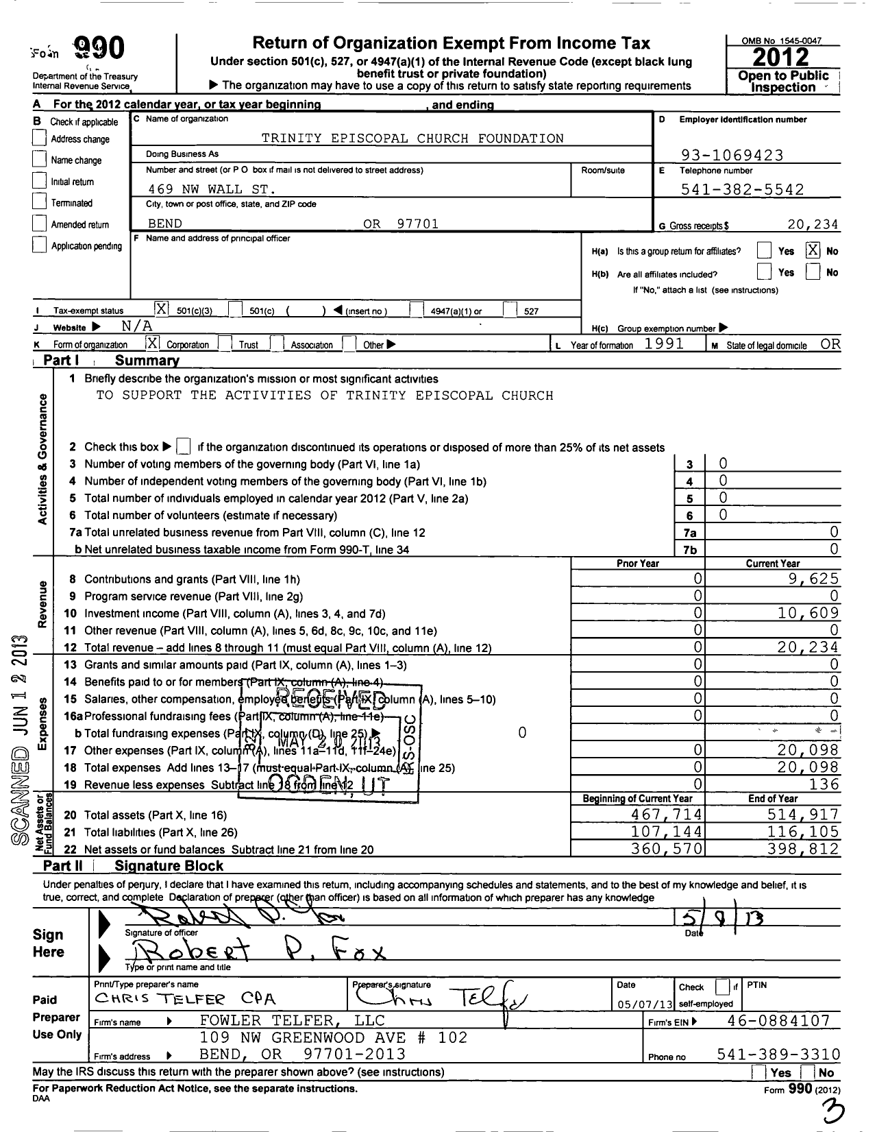 Image of first page of 2012 Form 990 for Trinity Episcopal Church Foundation of Bend