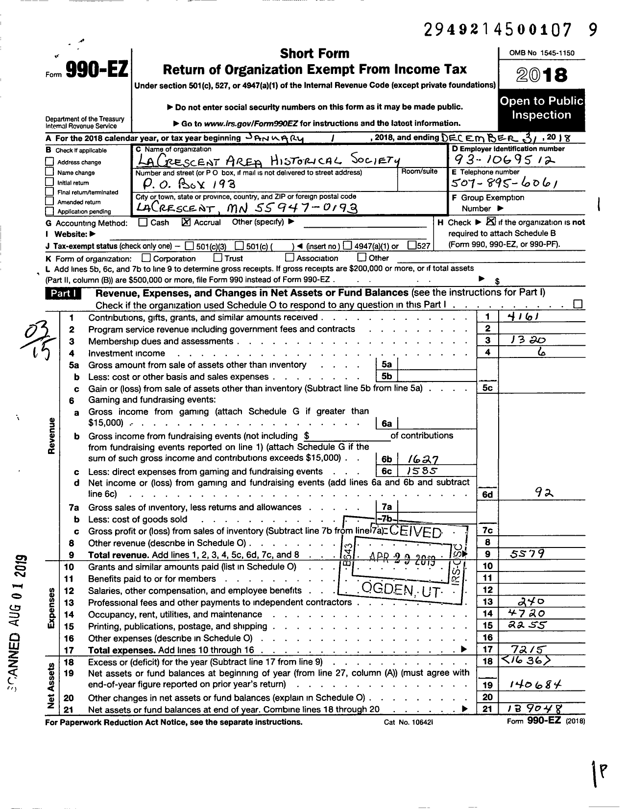 Image of first page of 2018 Form 990EZ for La Crescent Area Historical Society