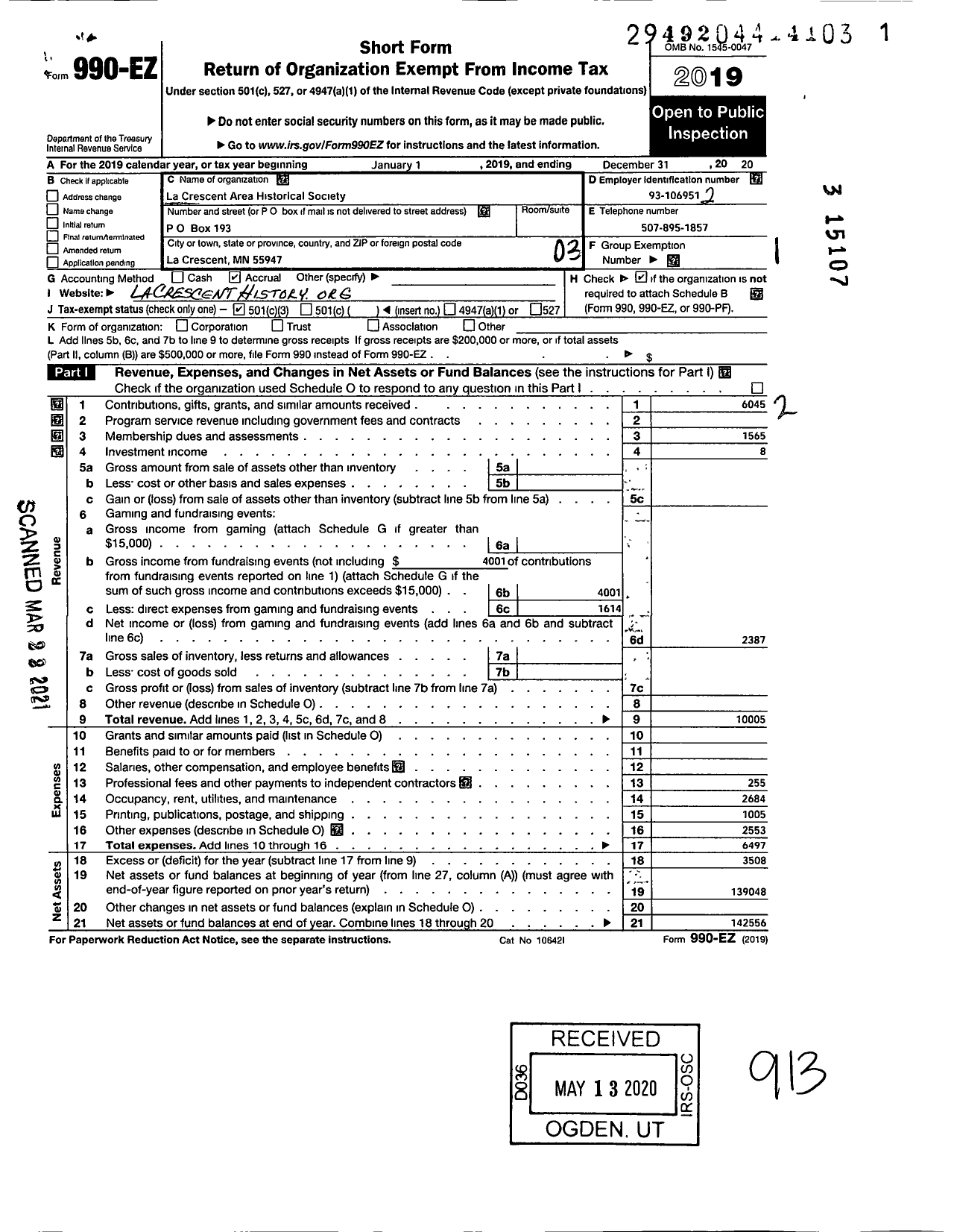 Image of first page of 2020 Form 990EZ for La Crescent Area Historical Society