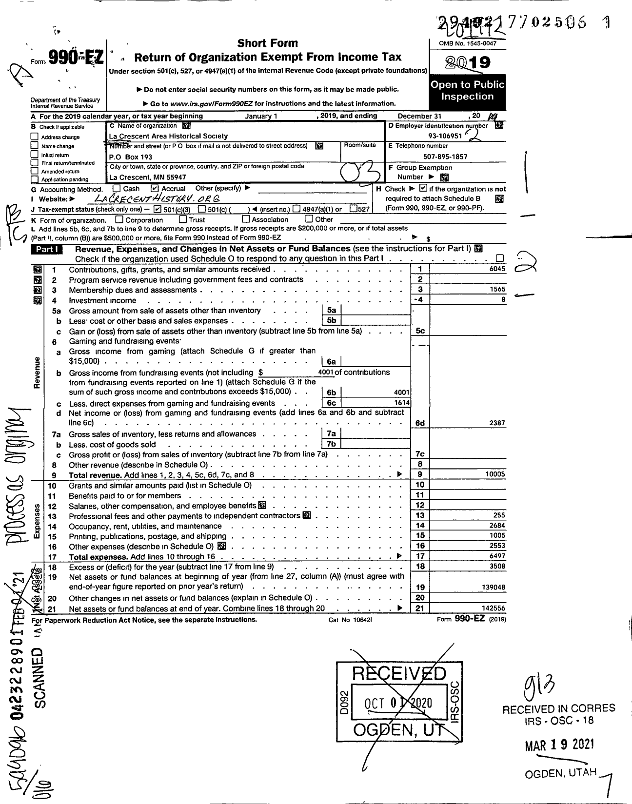 Image of first page of 2019 Form 990EZ for La Crescent Area Historical Society