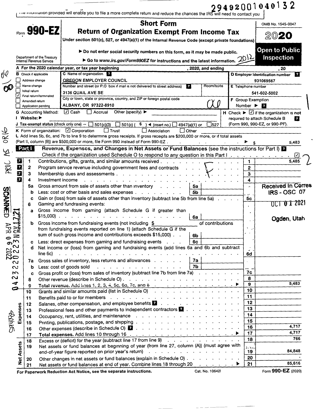 Image of first page of 2020 Form 990EO for Oregon Employer Council