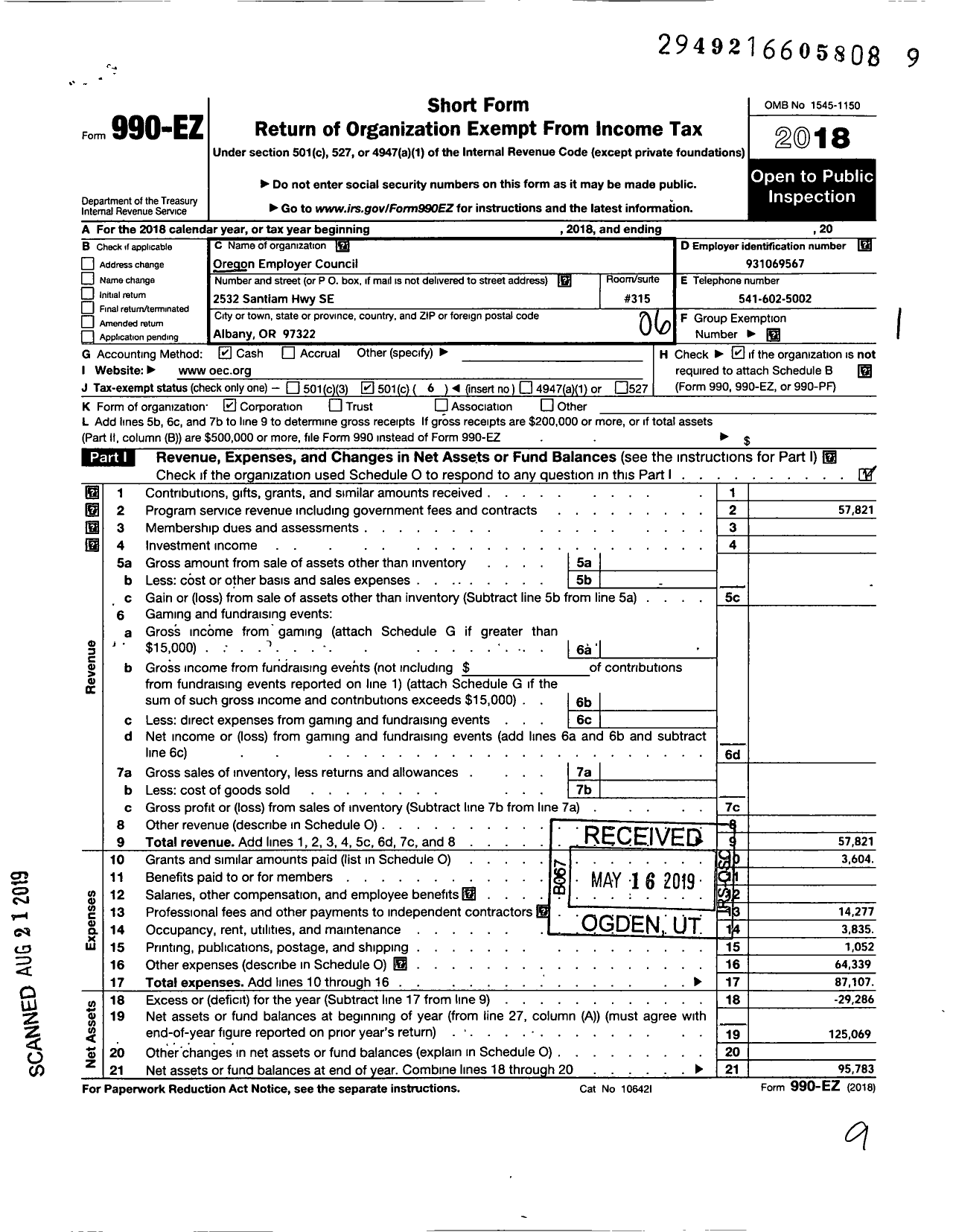 Image of first page of 2018 Form 990EO for Oregon Employer Council