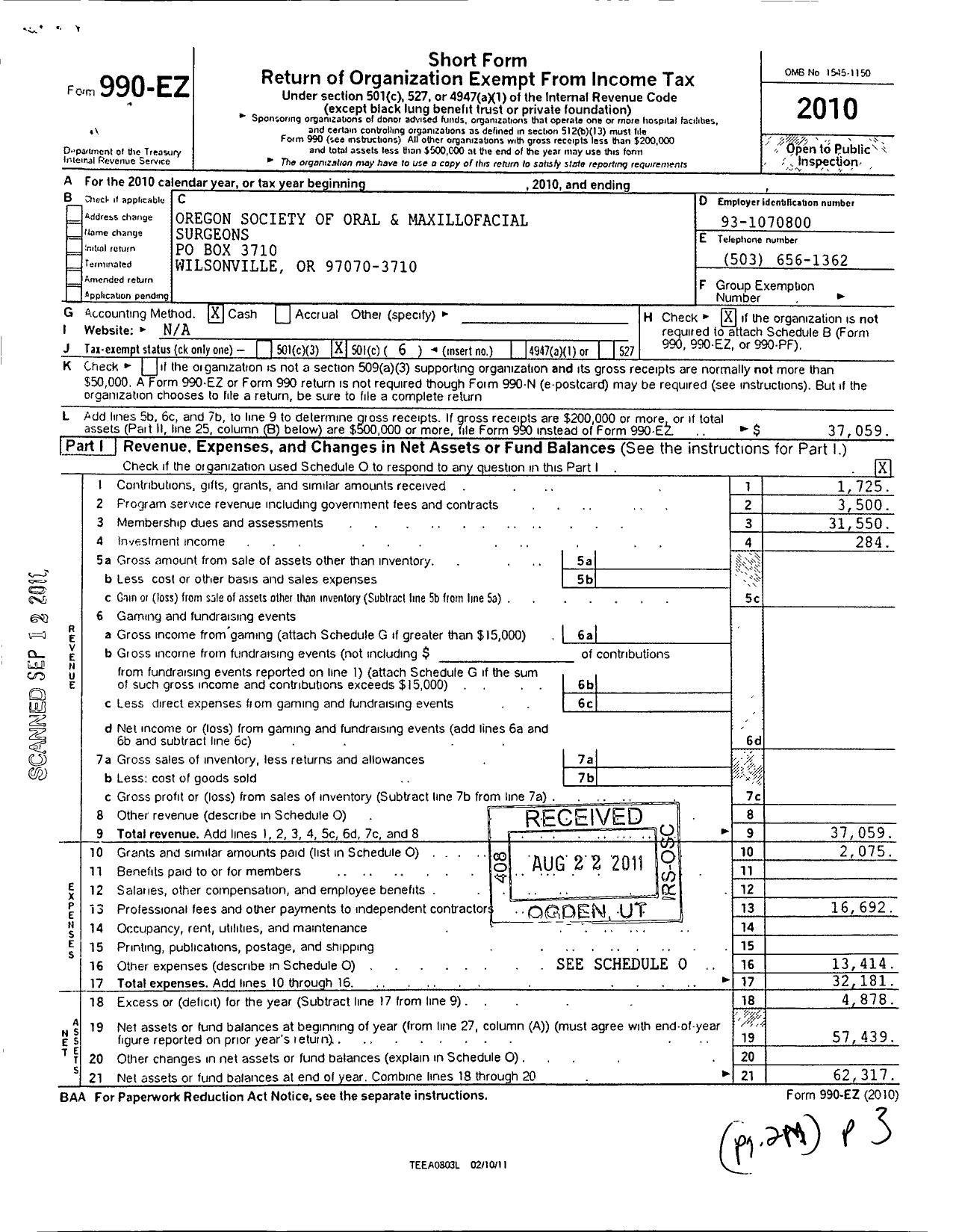 Image of first page of 2010 Form 990EO for Oregon Society of Oral and Maxillofacial Surgeons