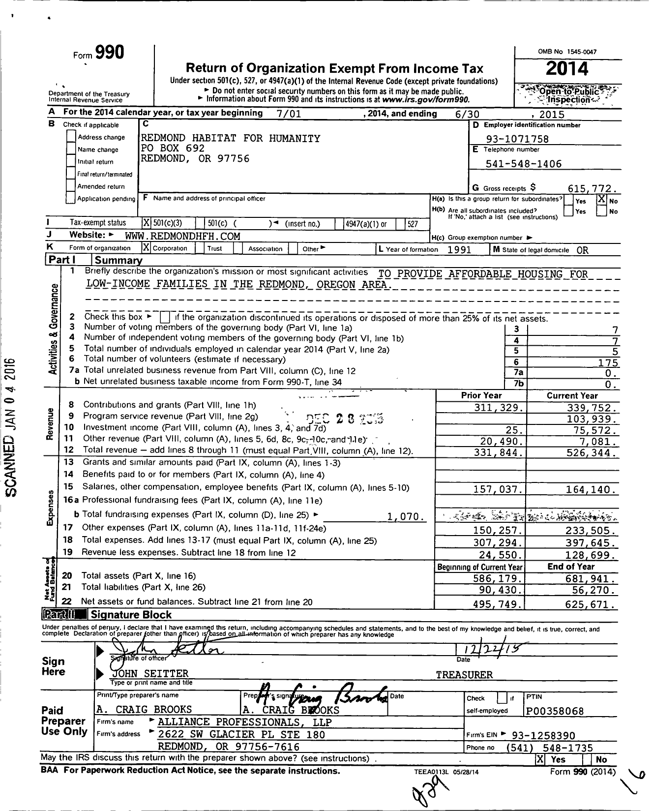 Image of first page of 2014 Form 990 for Redmond Habitat for Humanity