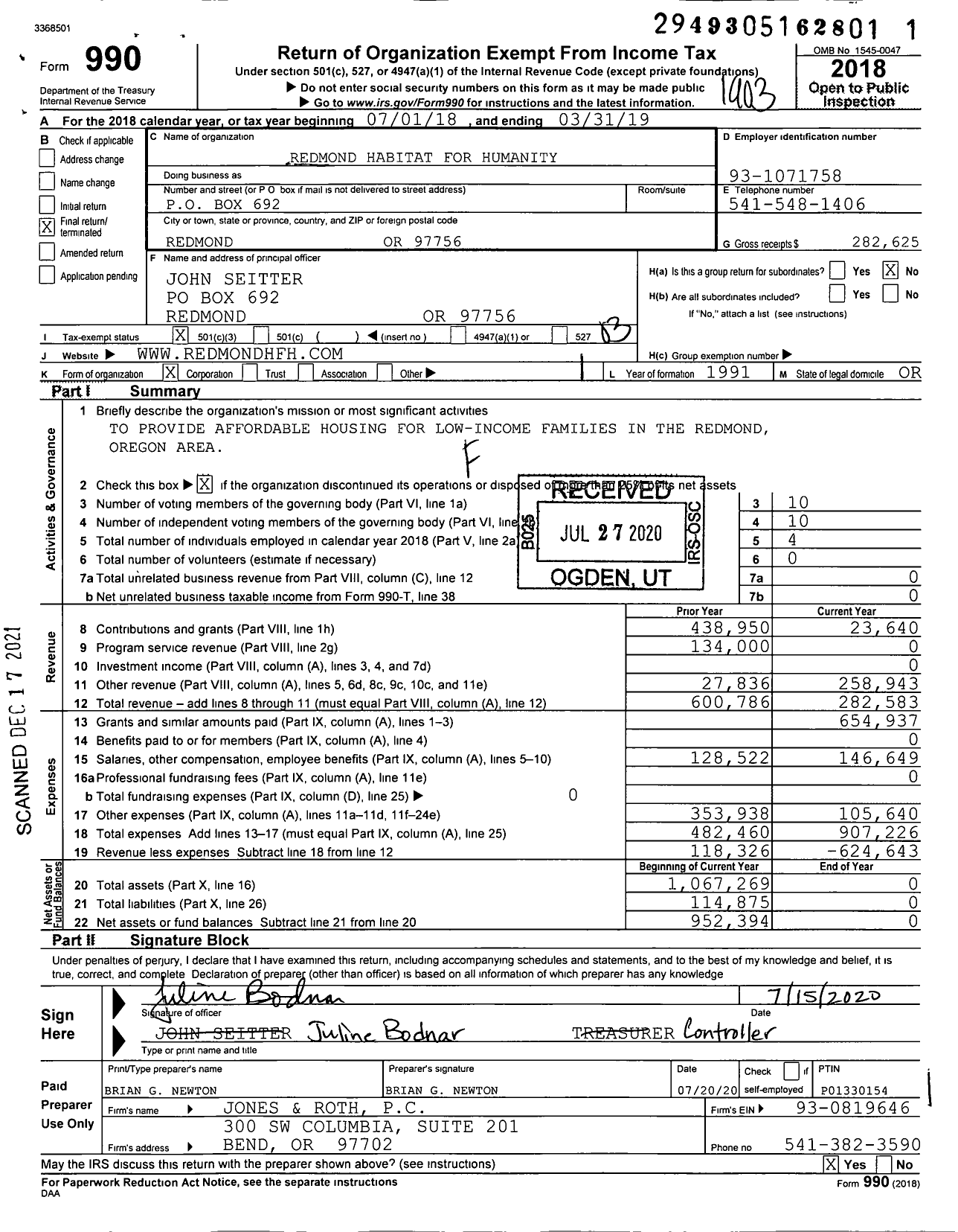 Image of first page of 2018 Form 990 for Redmond Habitat for Humanity