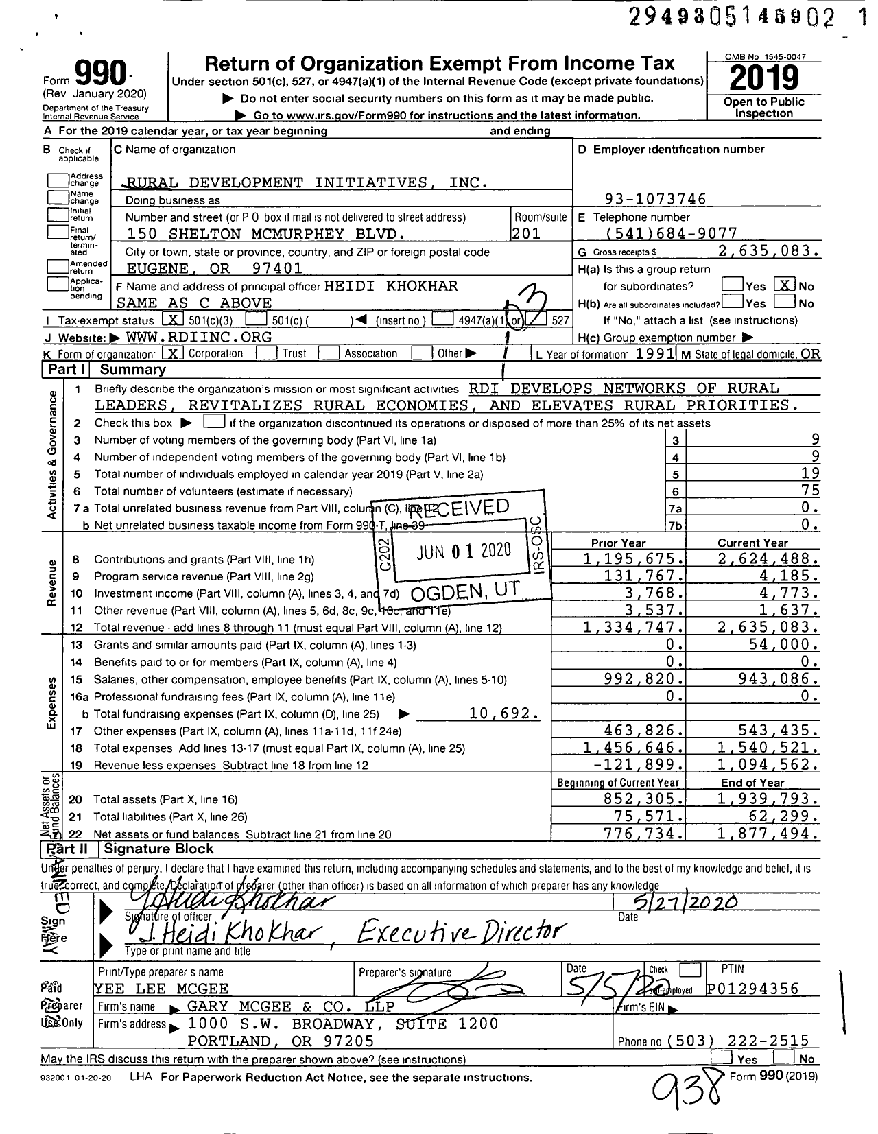 Image of first page of 2019 Form 990 for Rural Development Initiative (RDI)