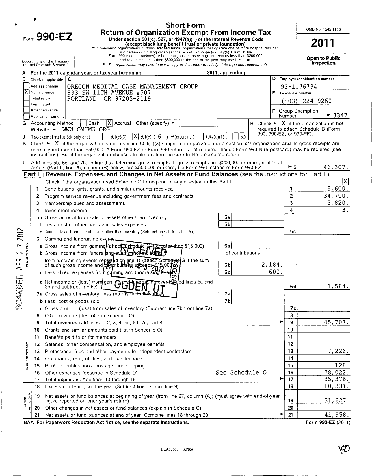 Image of first page of 2011 Form 990EO for Case Management Society of America / Oregon Medical Case Management Grou