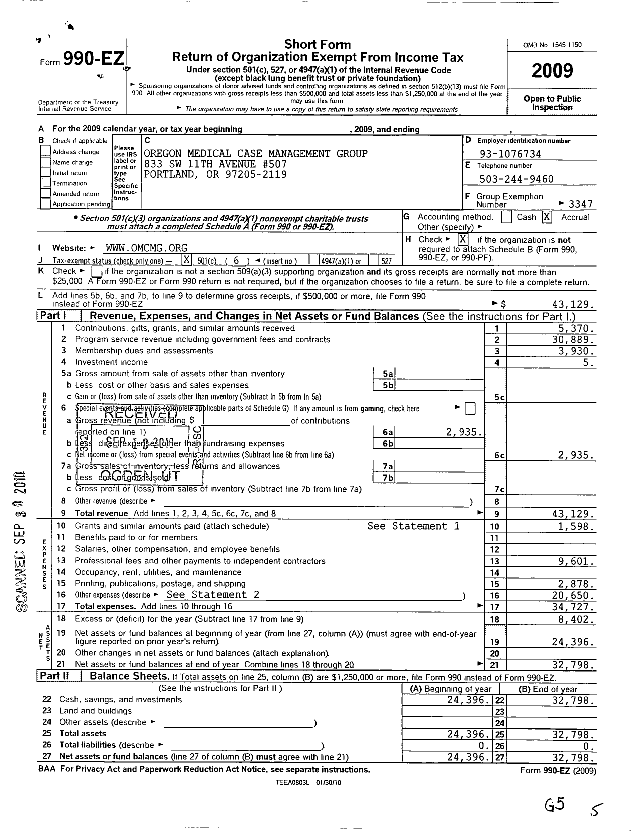 Image of first page of 2009 Form 990EO for Case Management Society of America / Oregon Medical Case Management Grou