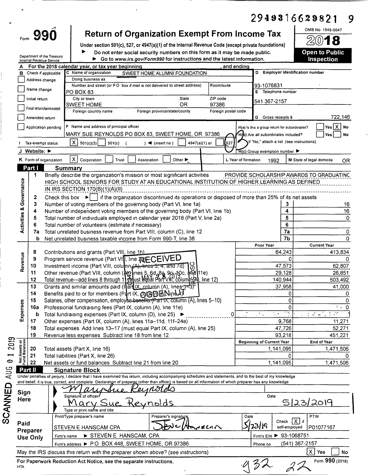 Image of first page of 2018 Form 990 for Sweet Home Alumni Foundation