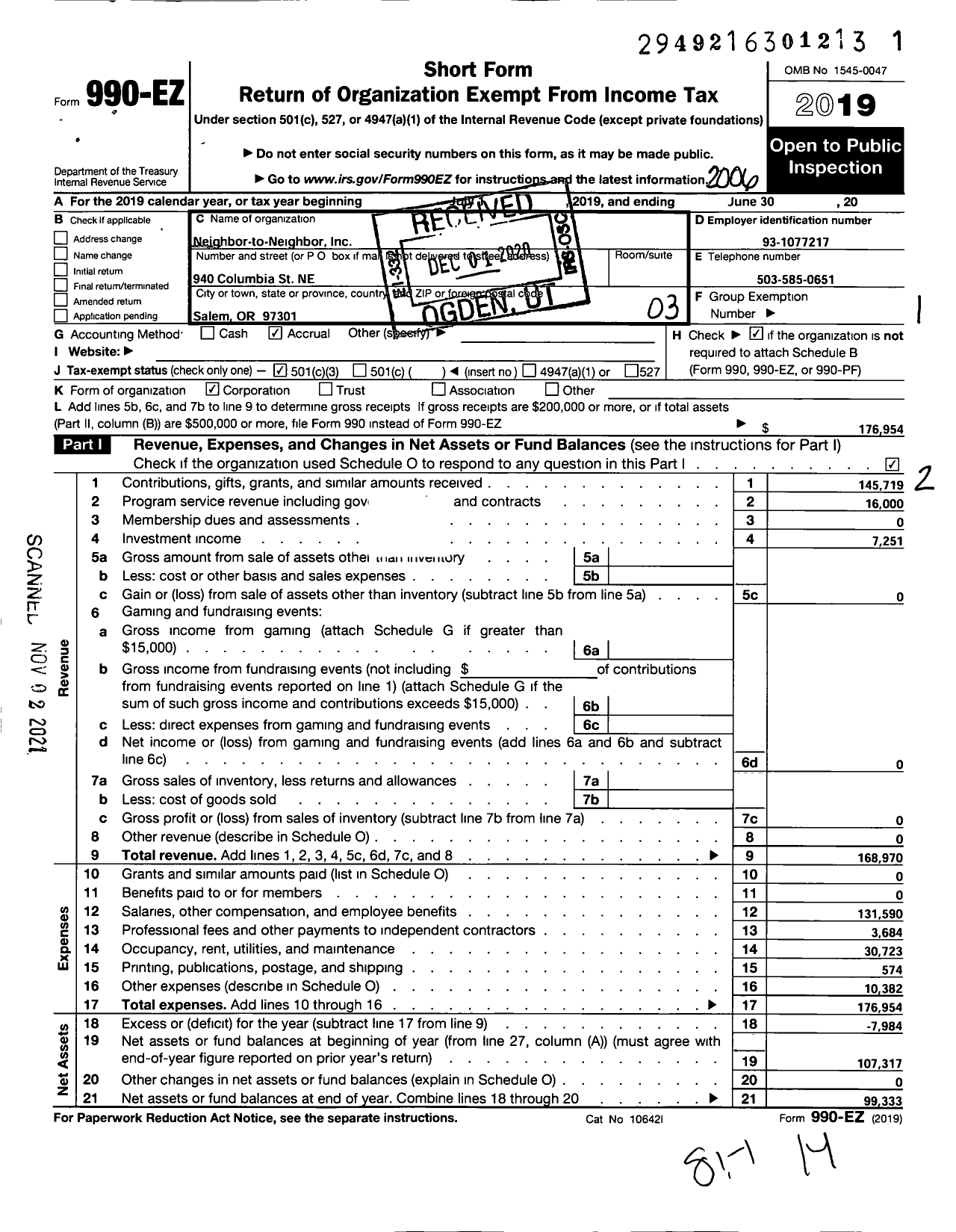 Image of first page of 2019 Form 990EZ for Neighbor To Neighbor