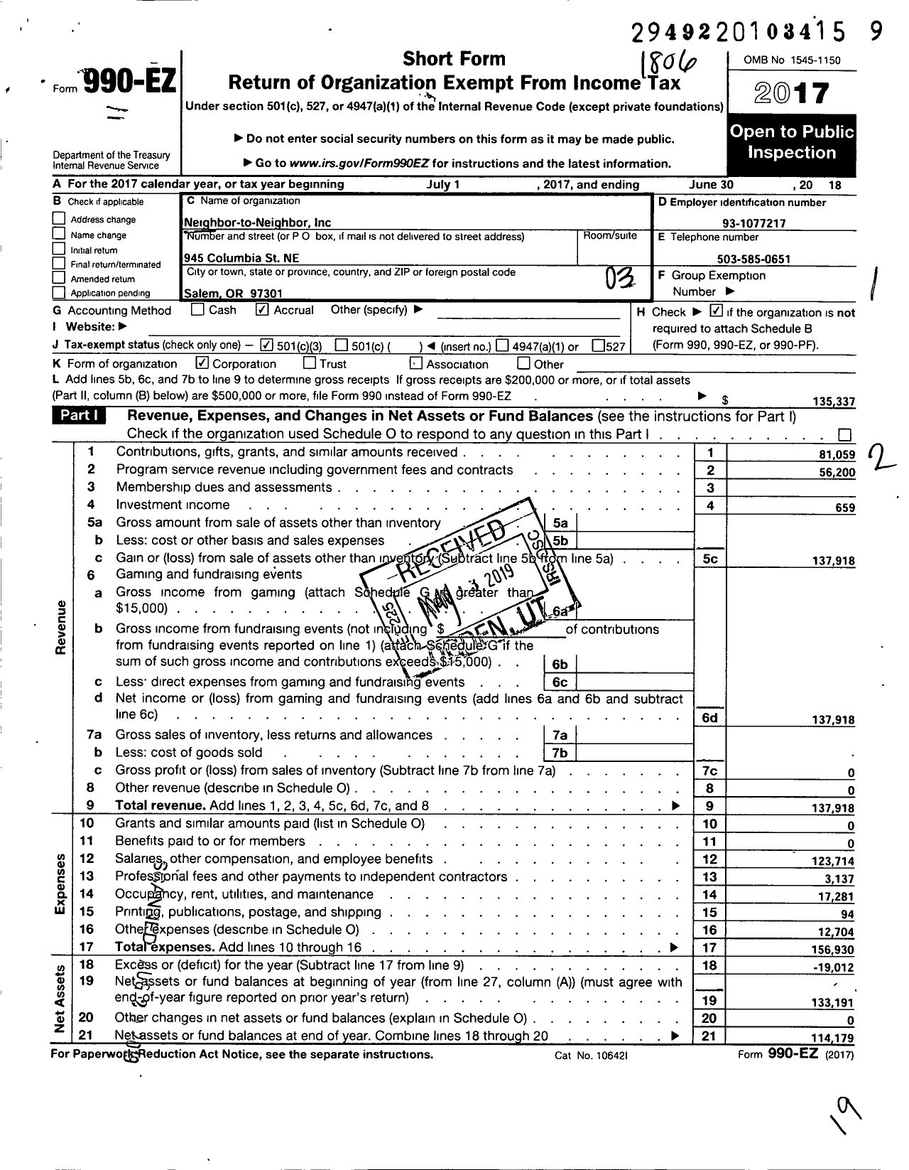 Image of first page of 2017 Form 990EZ for Neighbor To Neighbor