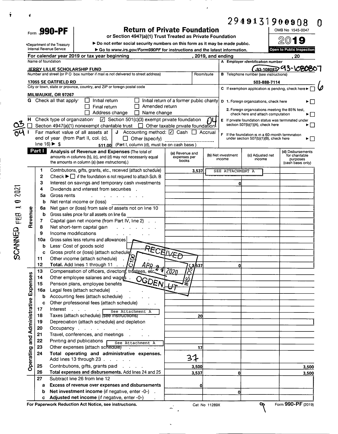 Image of first page of 2019 Form 990PF for Jerry Lillie Scholarship Fund