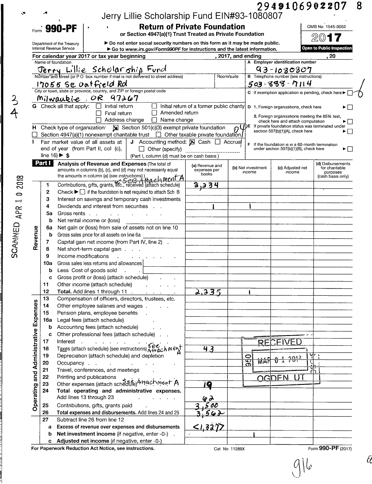 Image of first page of 2017 Form 990PF for Jerry Lillie Scholarship Fund