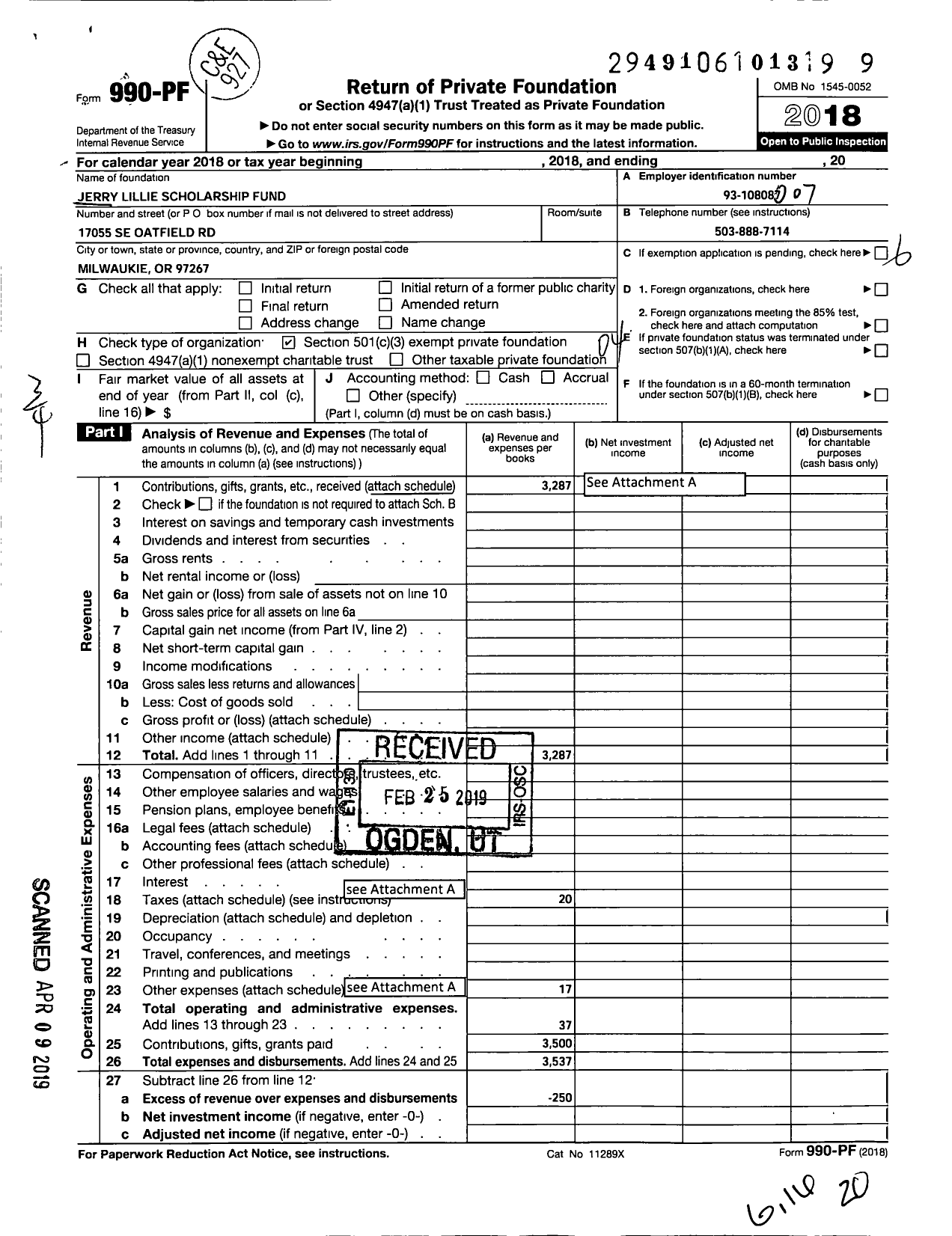 Image of first page of 2018 Form 990PF for Jerry Lillie Scholarship Fund