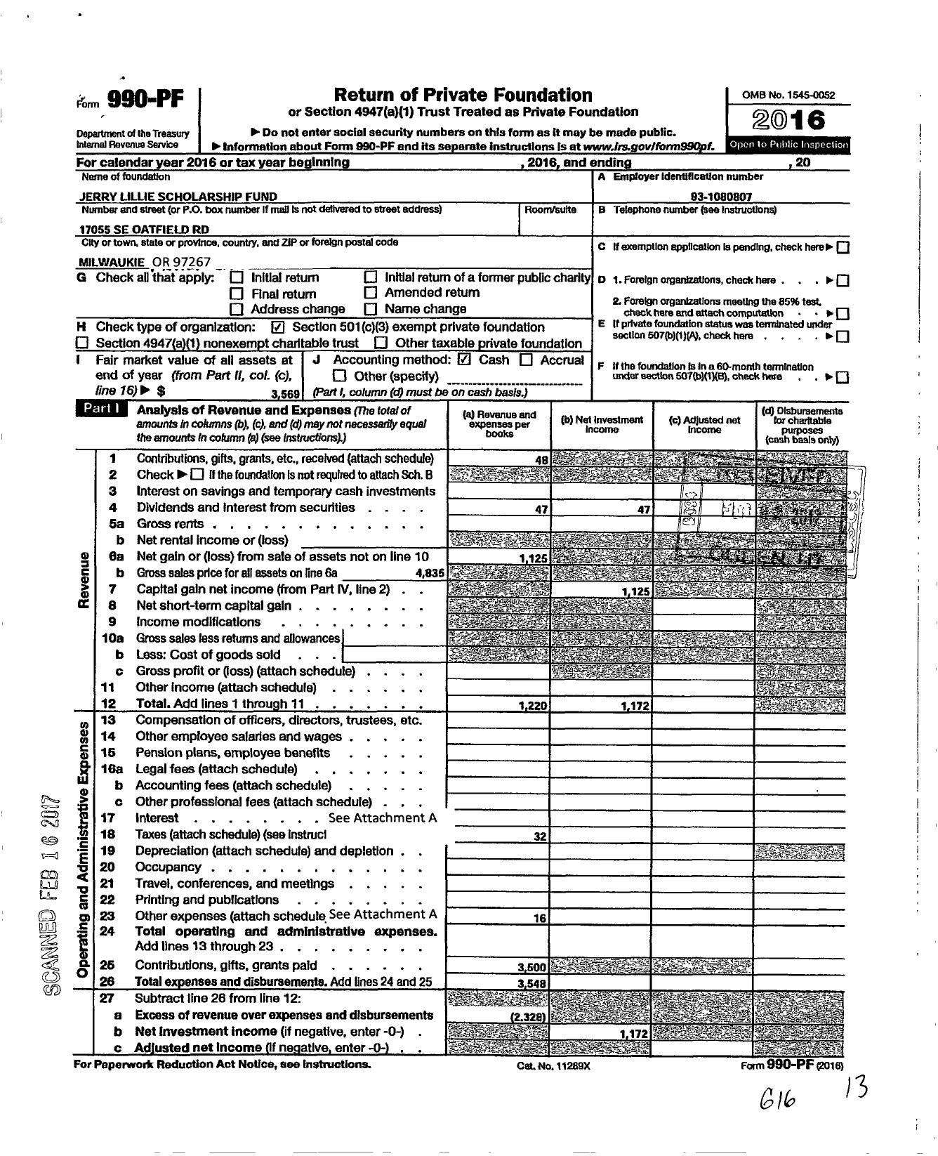 Image of first page of 2016 Form 990PF for Jerry Lillie Scholarship Fund