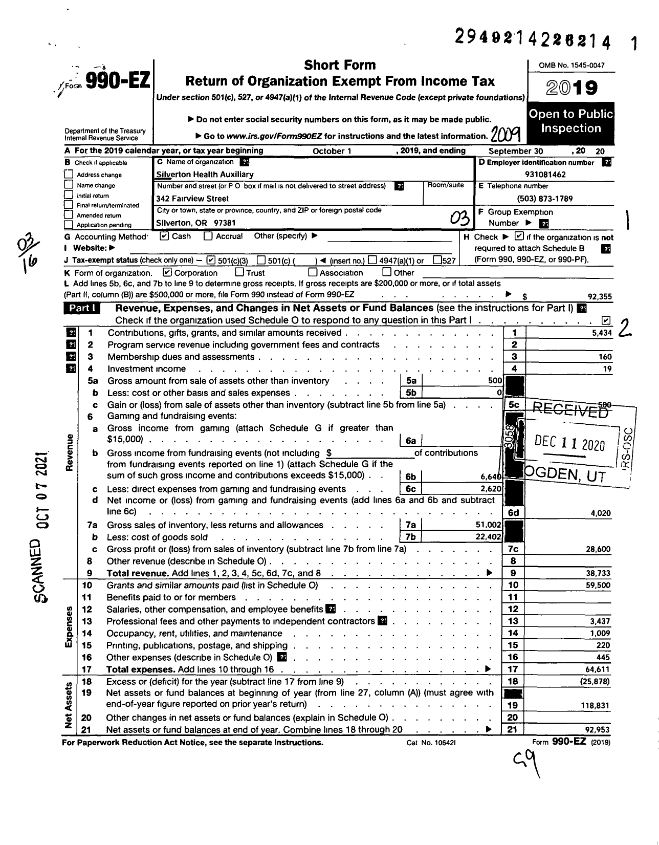 Image of first page of 2019 Form 990EZ for Silverton Health Auxiliary