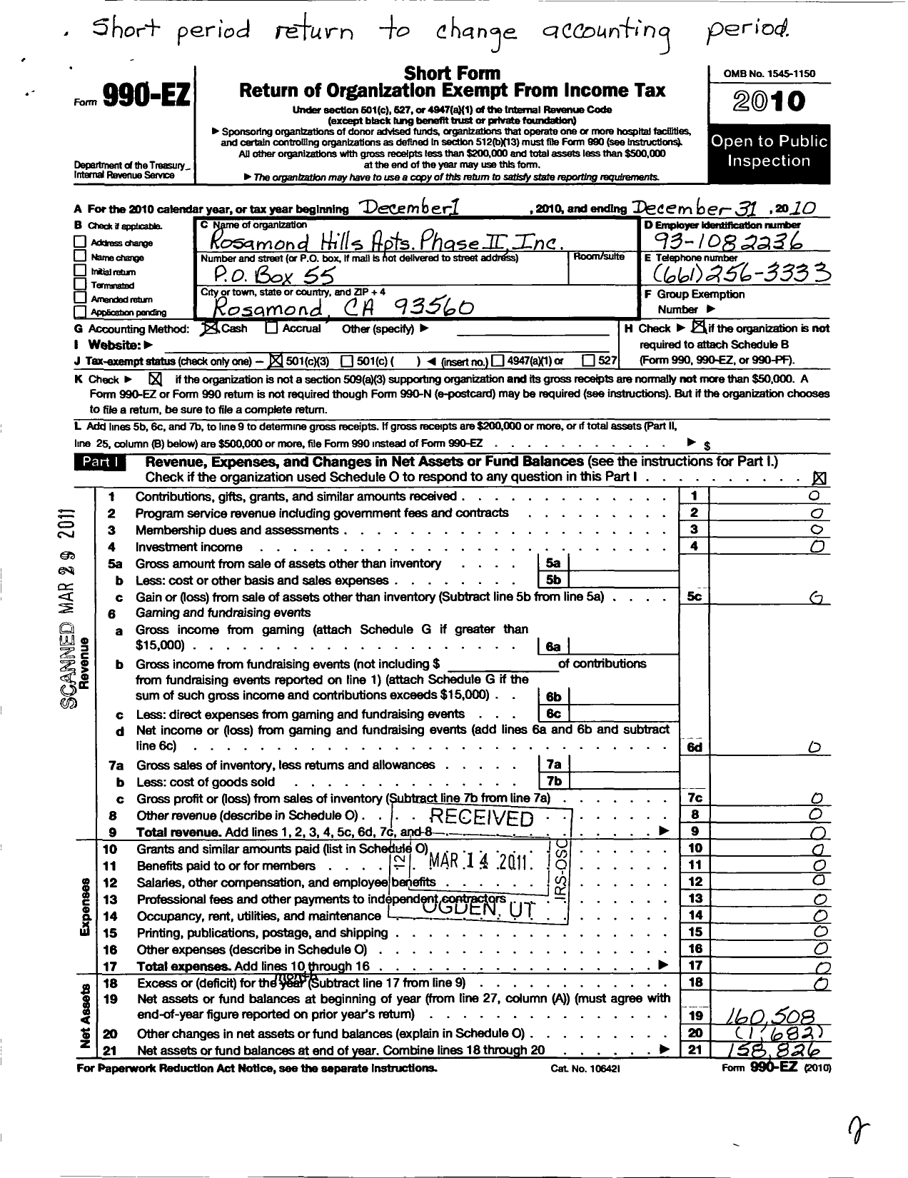 Image of first page of 2010 Form 990EZ for Rosamond Hills Apts Phase Ii A Nonprofit Corporation