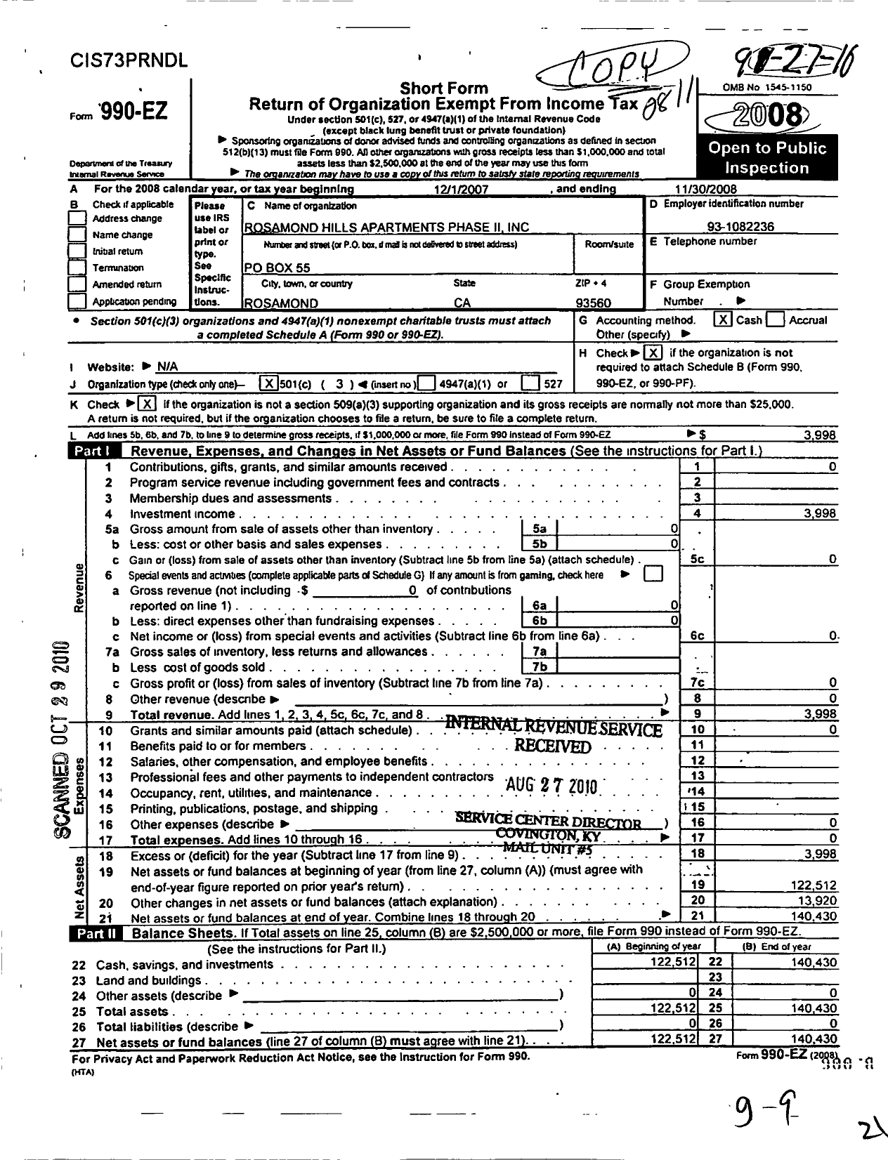 Image of first page of 2007 Form 990EZ for Rosamond Hills Apts Phase Ii A Nonprofit Corporation