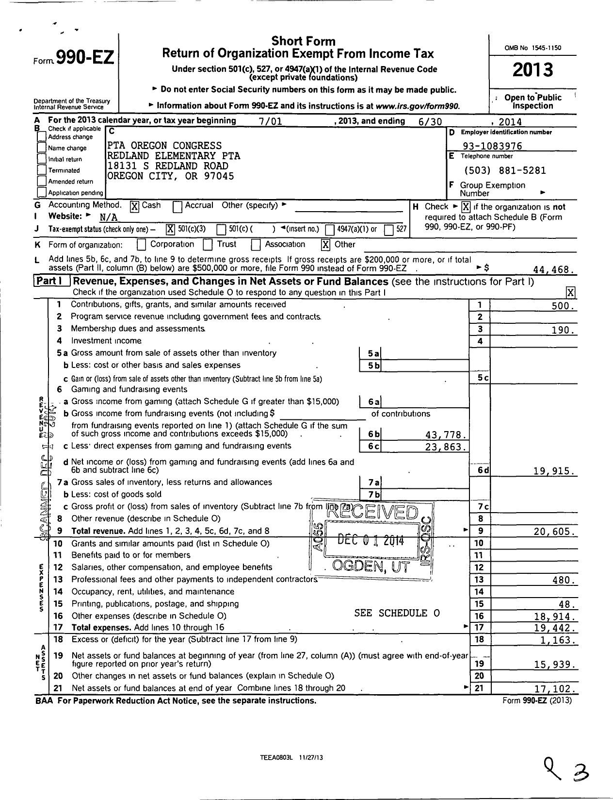 Image of first page of 2013 Form 990EZ for PTA Oregon Congress / Redland Elem PTA