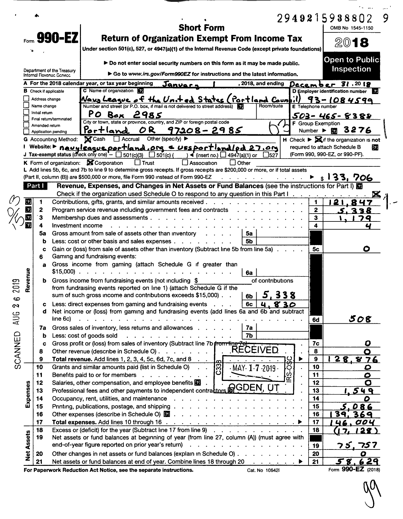 Image of first page of 2018 Form 990EZ for Navy League of the United States / Portland Council