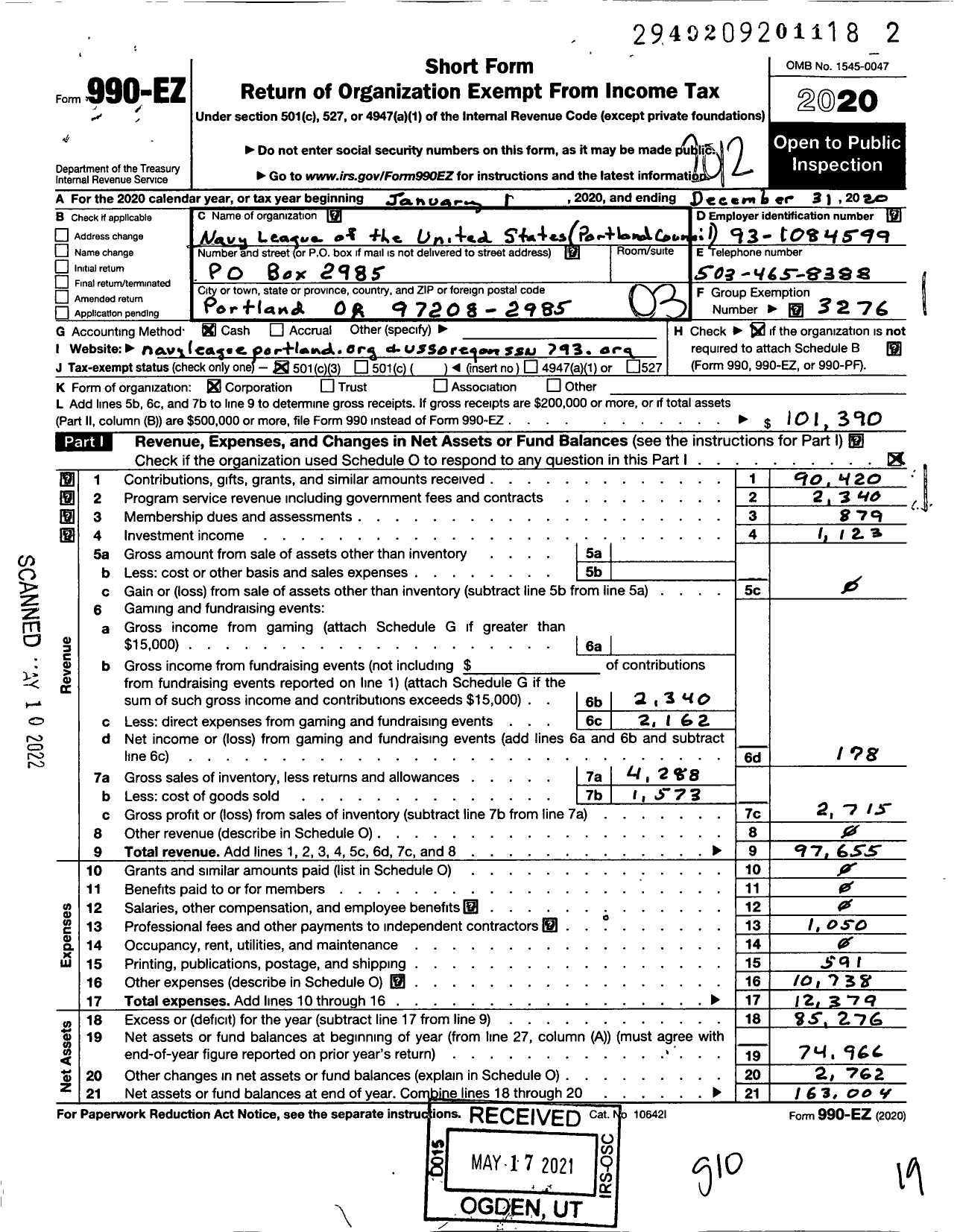 Image of first page of 2020 Form 990EZ for Navy League of the United States / Portland Council