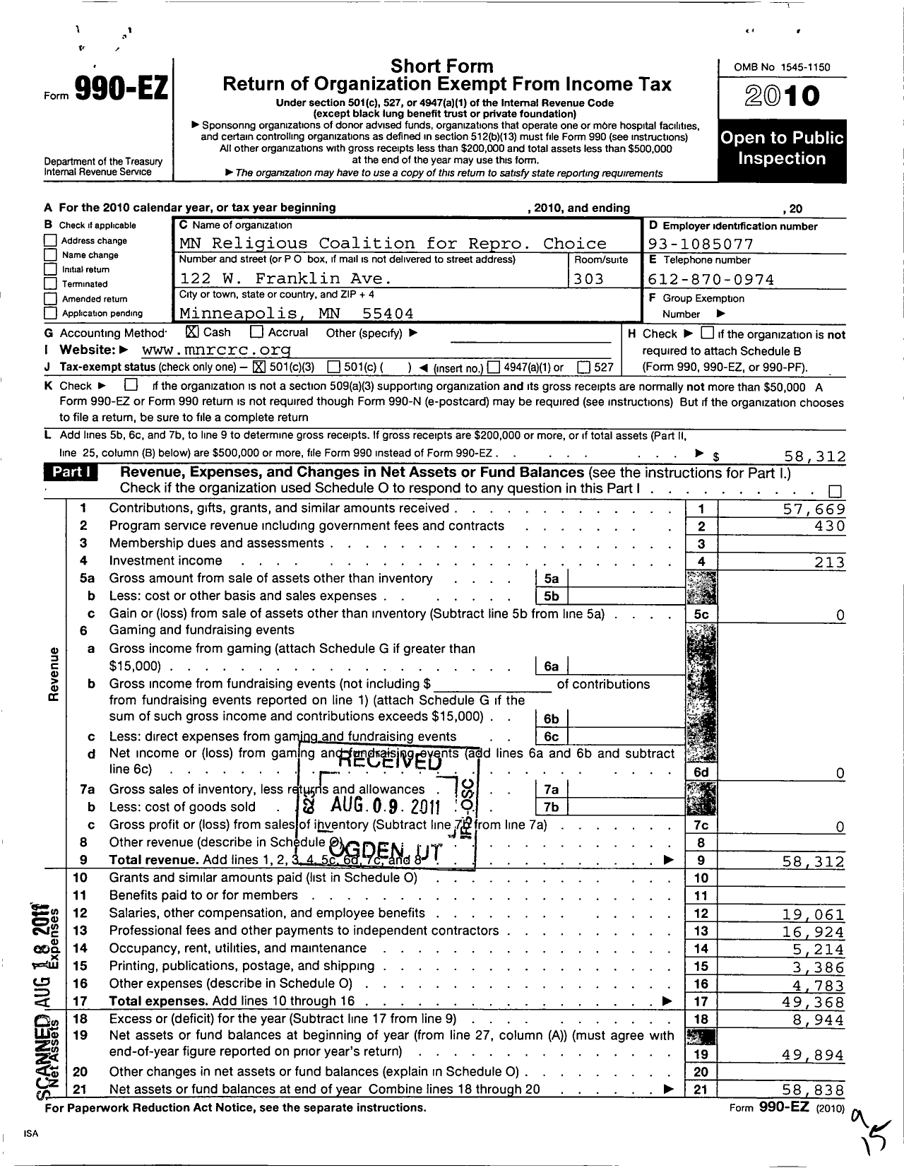 Image of first page of 2010 Form 990EZ for Minnesota Religious Coalition for Reproductive Choice