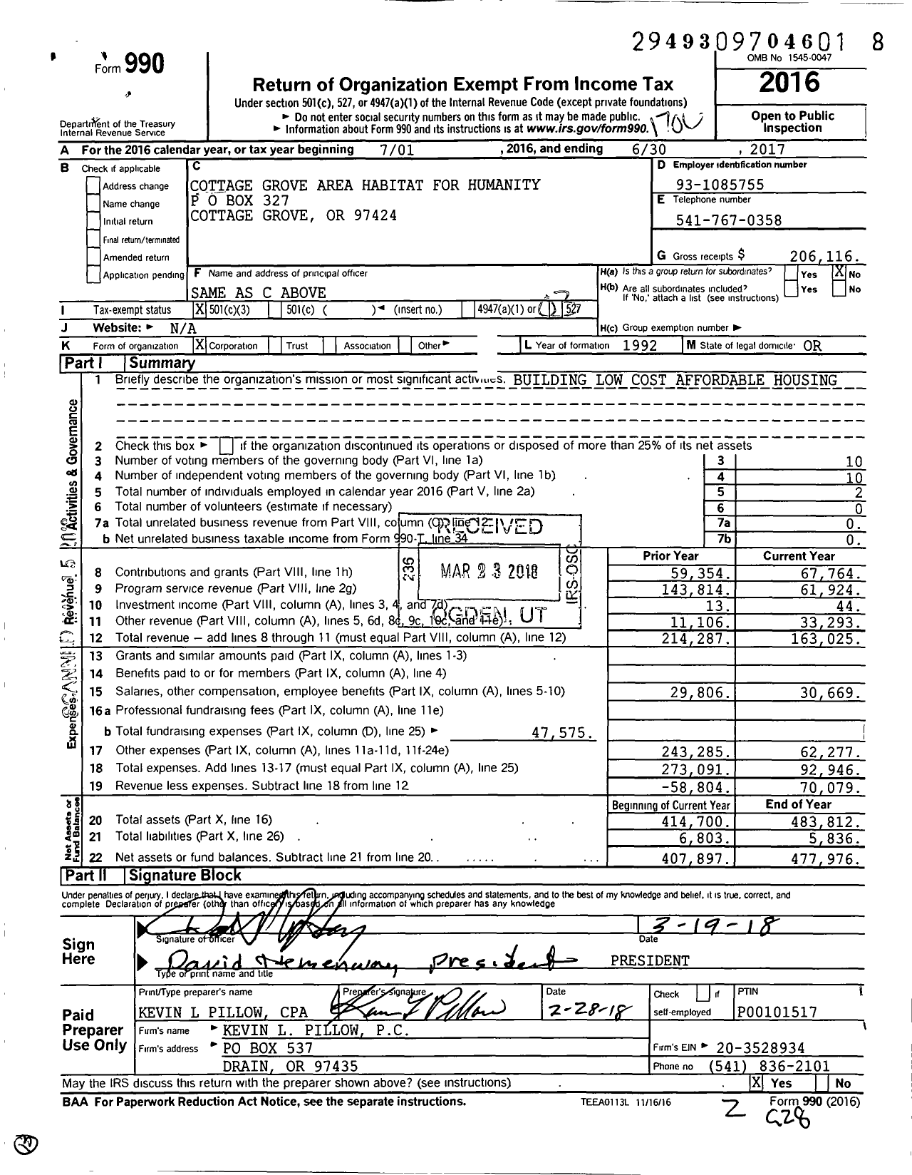 Image of first page of 2016 Form 990 for Cottage Grove Area Habitat for Humanity