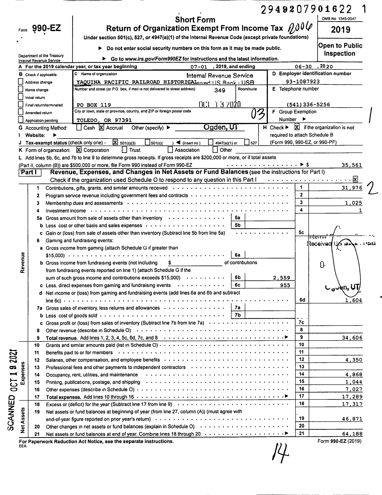 Image of first page of 2019 Form 990EZ for Yaquina Pacific Railroad Historical