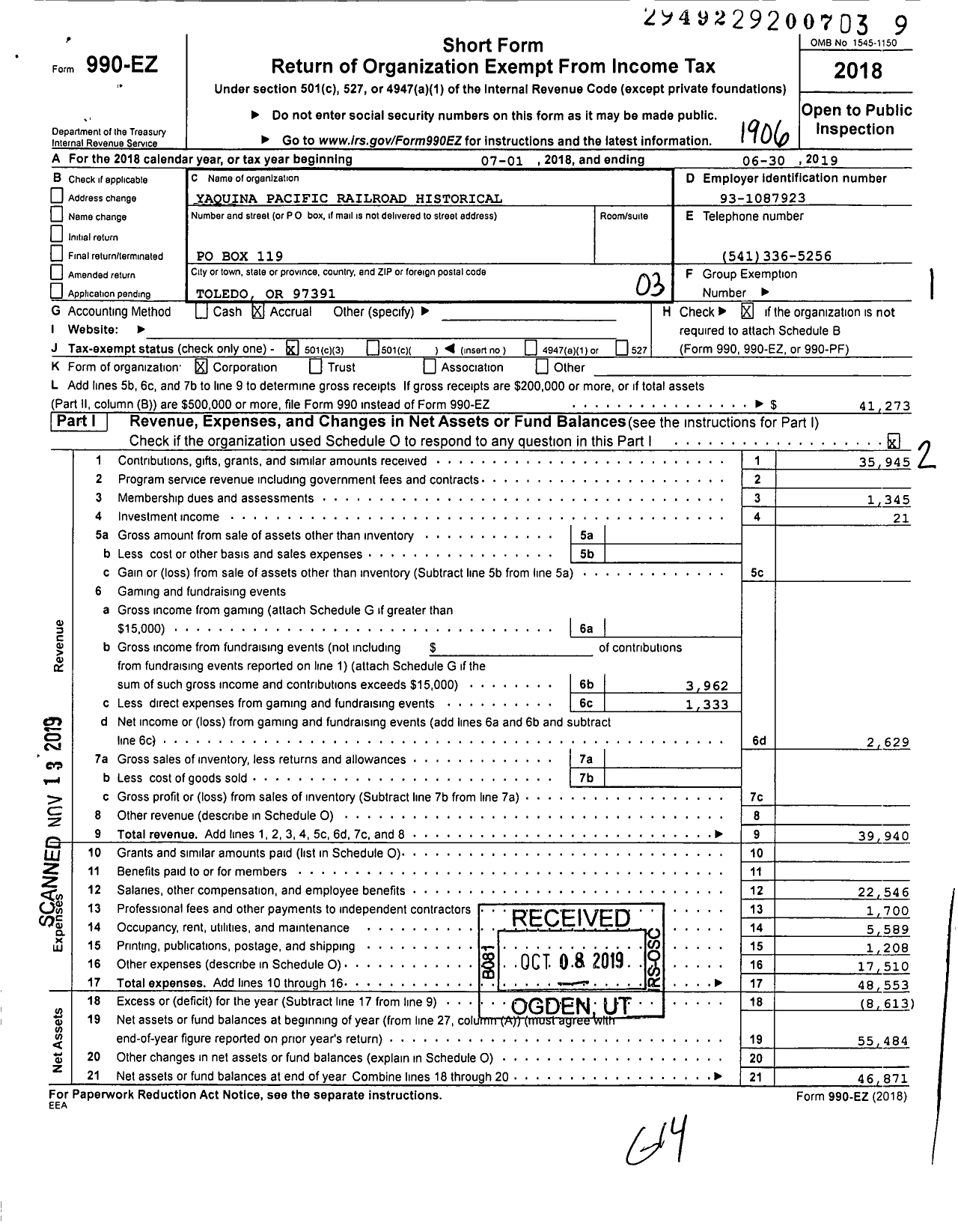 Image of first page of 2018 Form 990EZ for Yaquina Pacific Railroad Historical