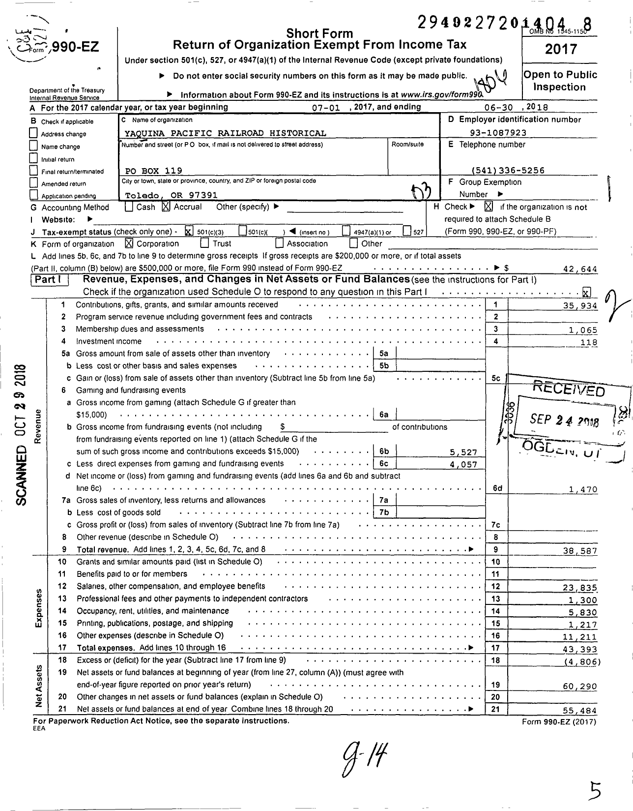 Image of first page of 2017 Form 990EZ for Yaquina Pacific Railroad Historical