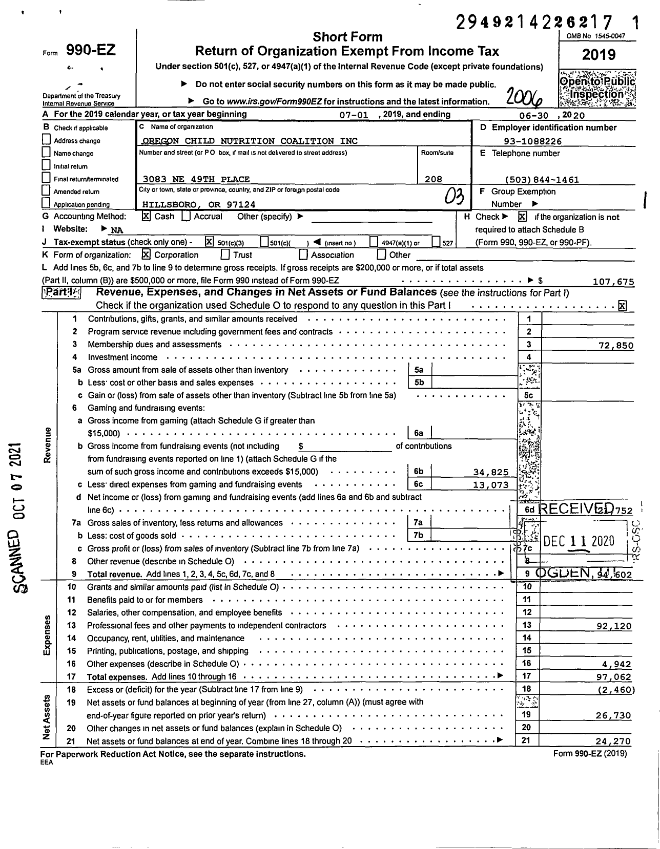 Image of first page of 2019 Form 990EZ for Oregon Child Nutrition Coalition