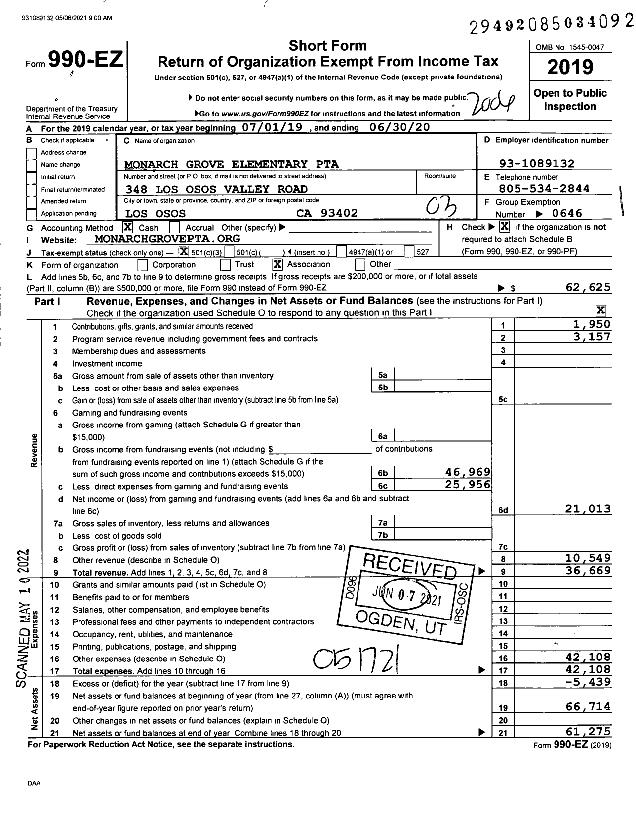 Image of first page of 2019 Form 990EZ for California State PTA - 4747 Monarch Grove Elementary PTA
