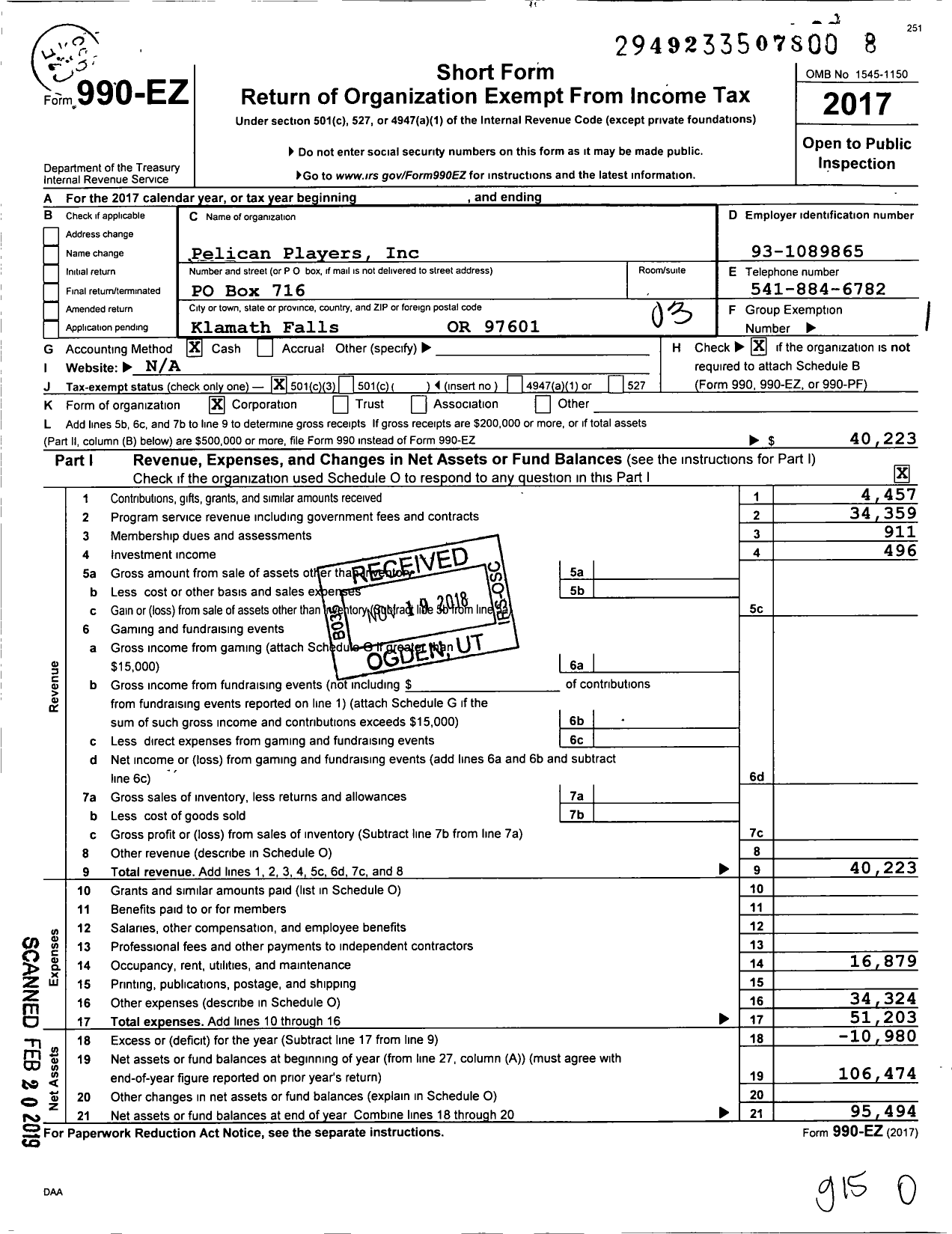 Image of first page of 2017 Form 990EZ for Pelican Players / Linkville Players