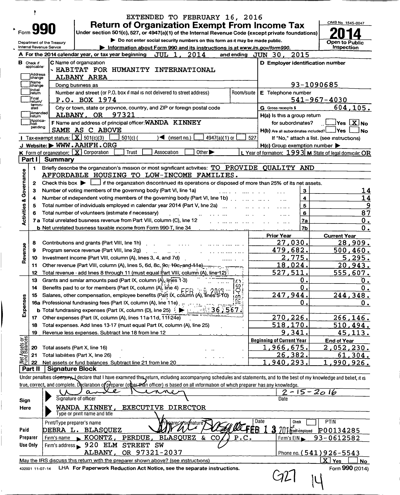 Image of first page of 2014 Form 990 for Habitat for Humanity International Albany Area