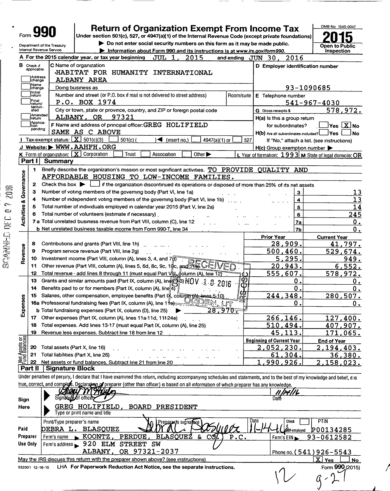 Image of first page of 2015 Form 990 for Habitat for Humanity International Albany Area