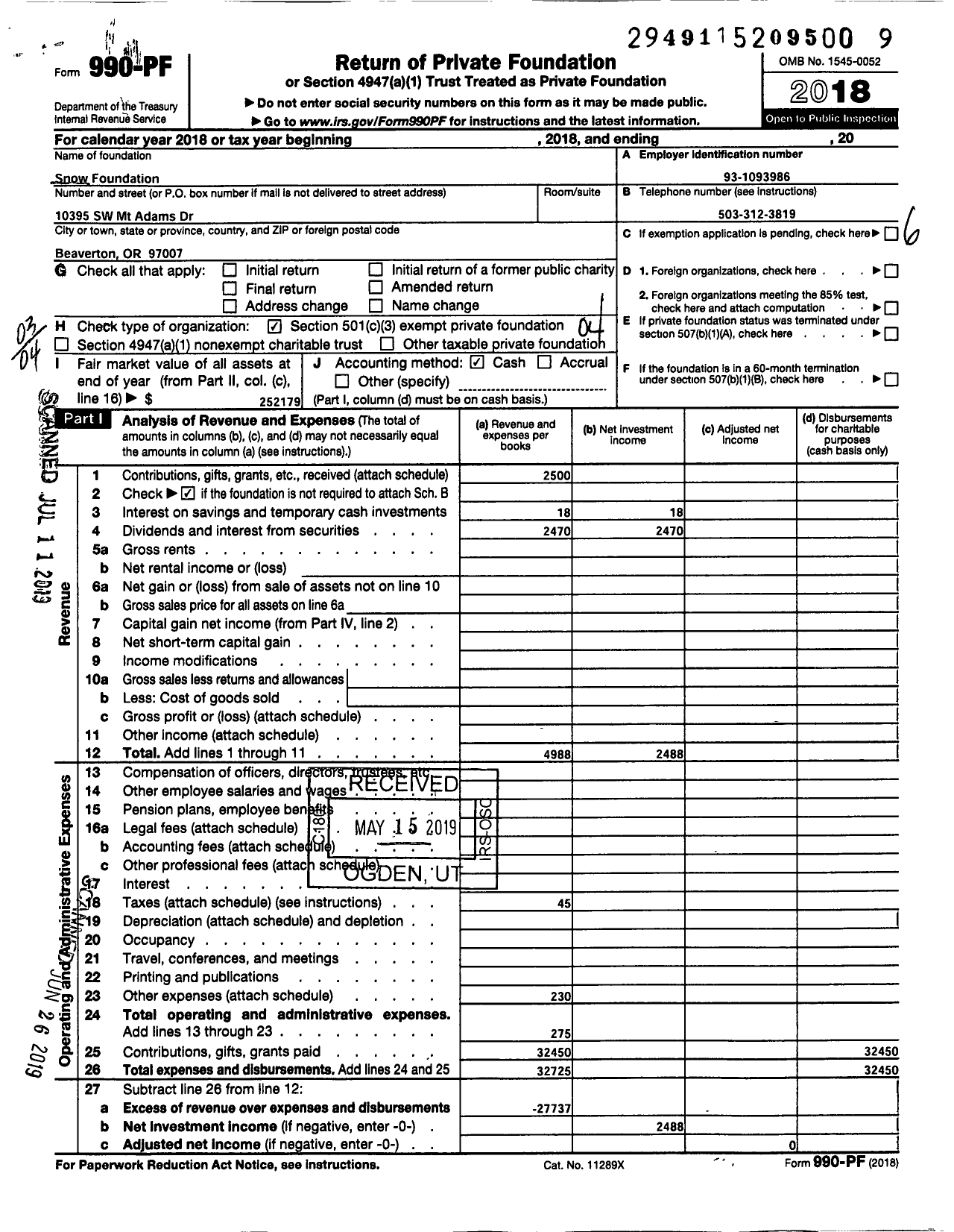 Image of first page of 2018 Form 990PF for Snow Foundation