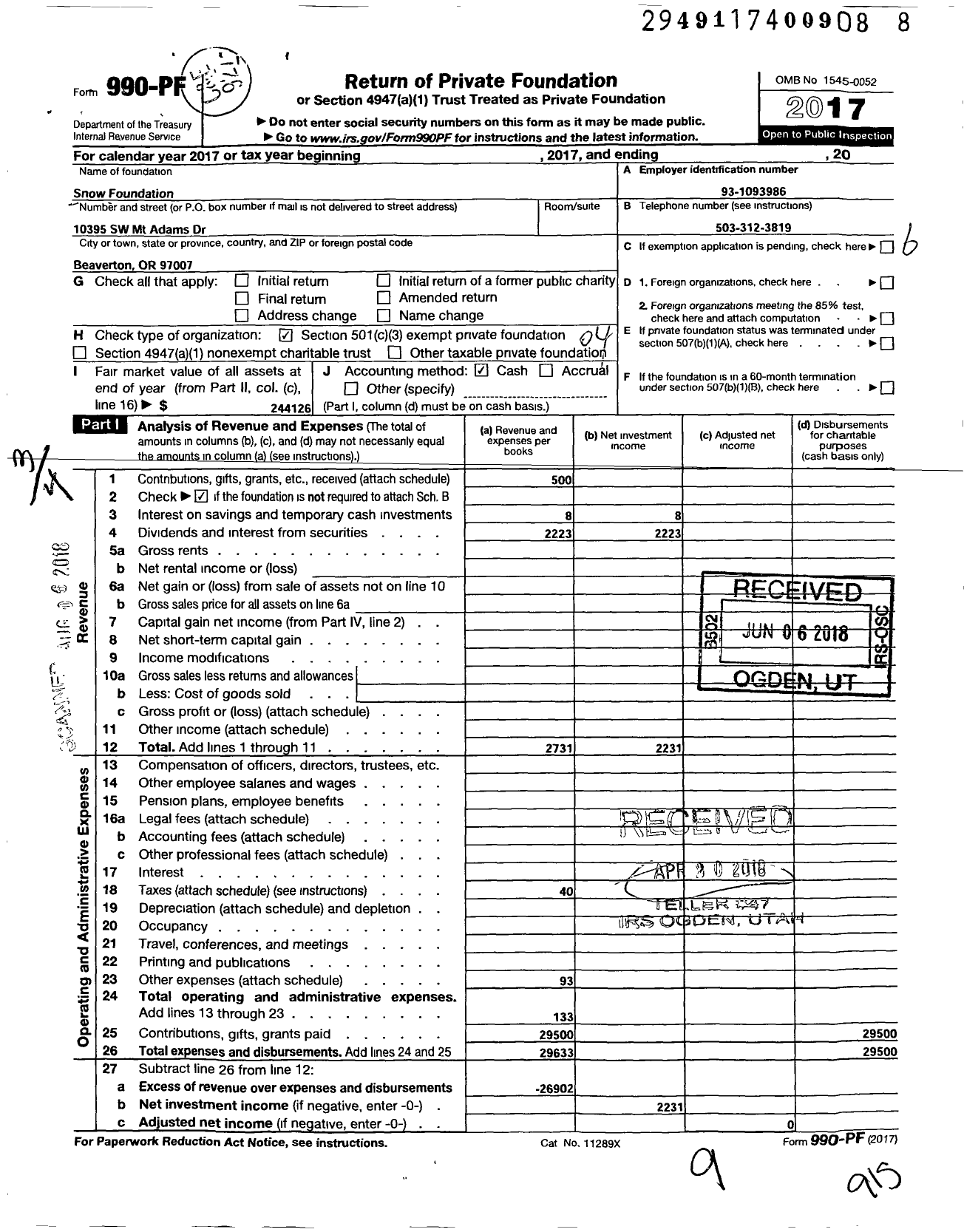 Image of first page of 2017 Form 990PF for Snow Foundation