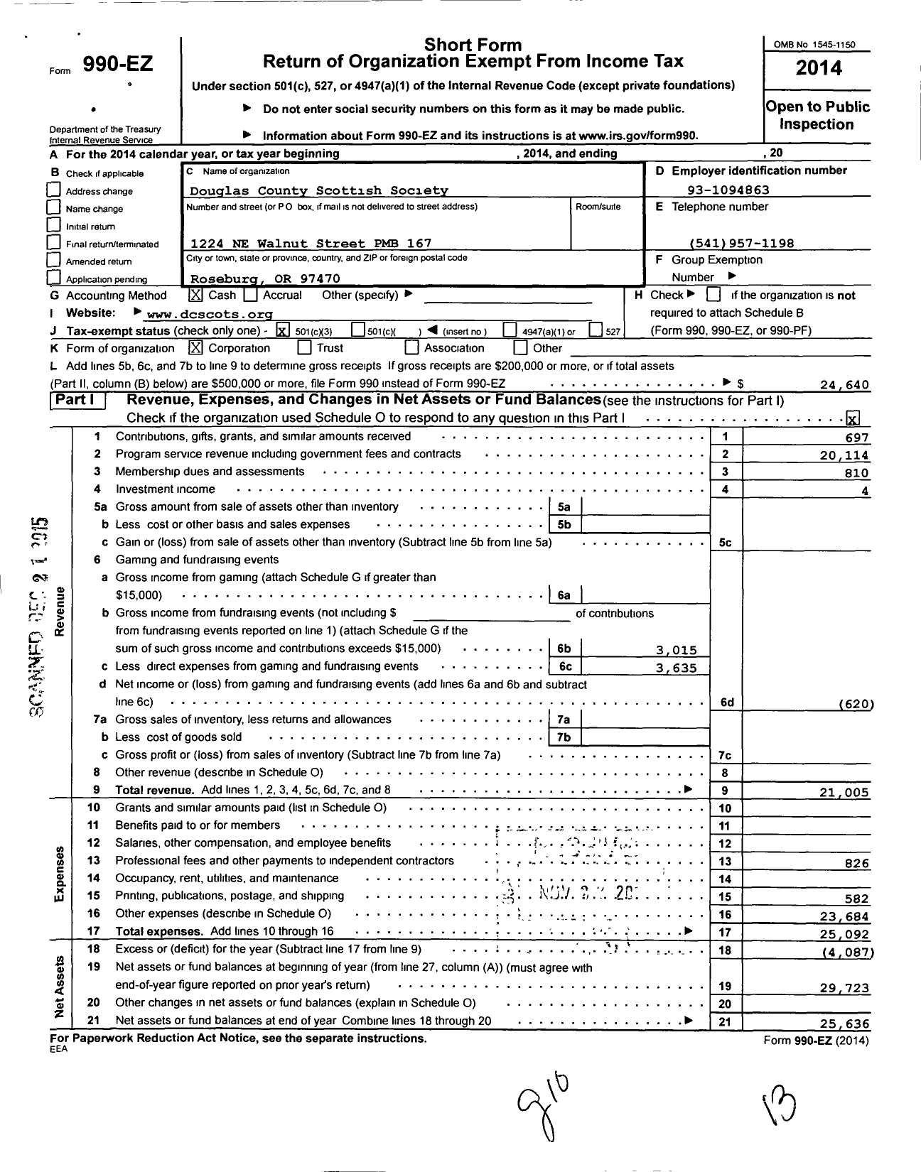 Image of first page of 2014 Form 990EZ for Douglas County Scottish Society