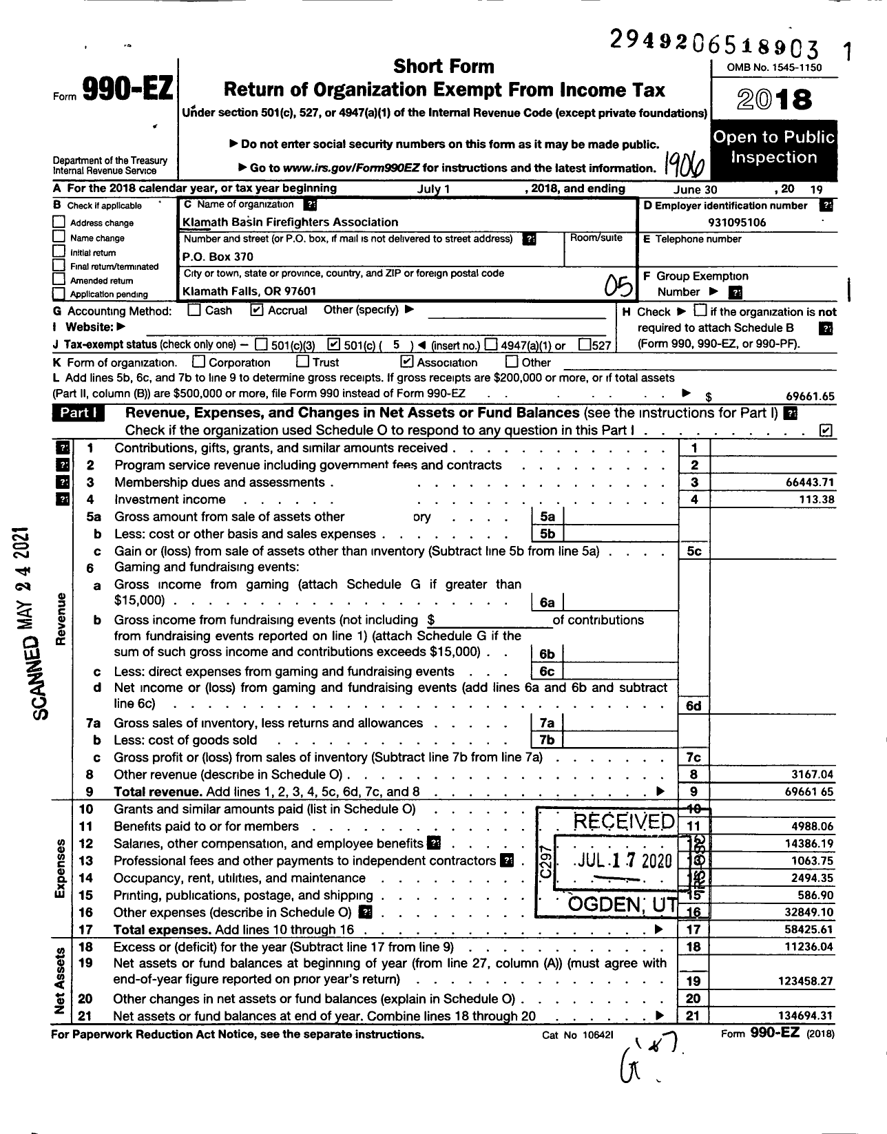 Image of first page of 2018 Form 990EO for International Association of Firefighters Local 890